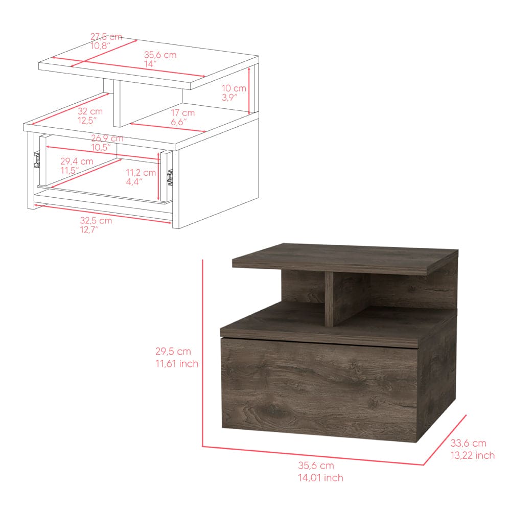 Floating Nightstand Flopini, One Drawer, Dark Walnut Finish