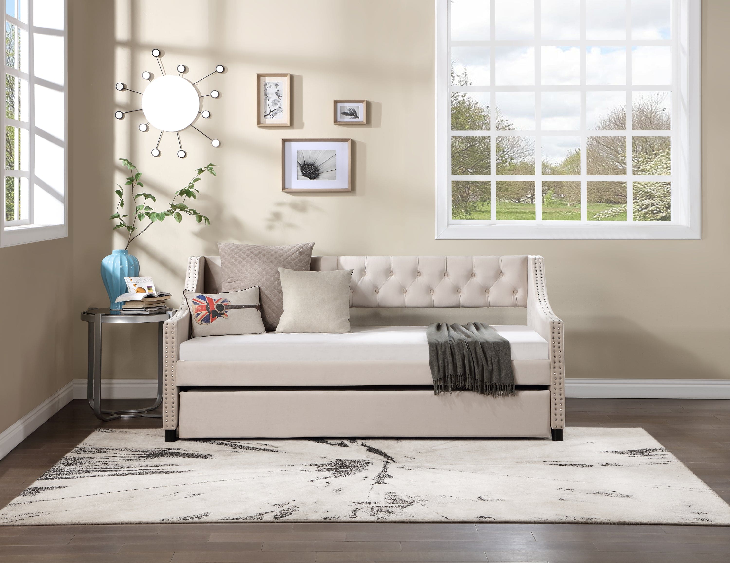 Upholstered Daybed with Trundle, Twin Size Frame, Beige Velvet