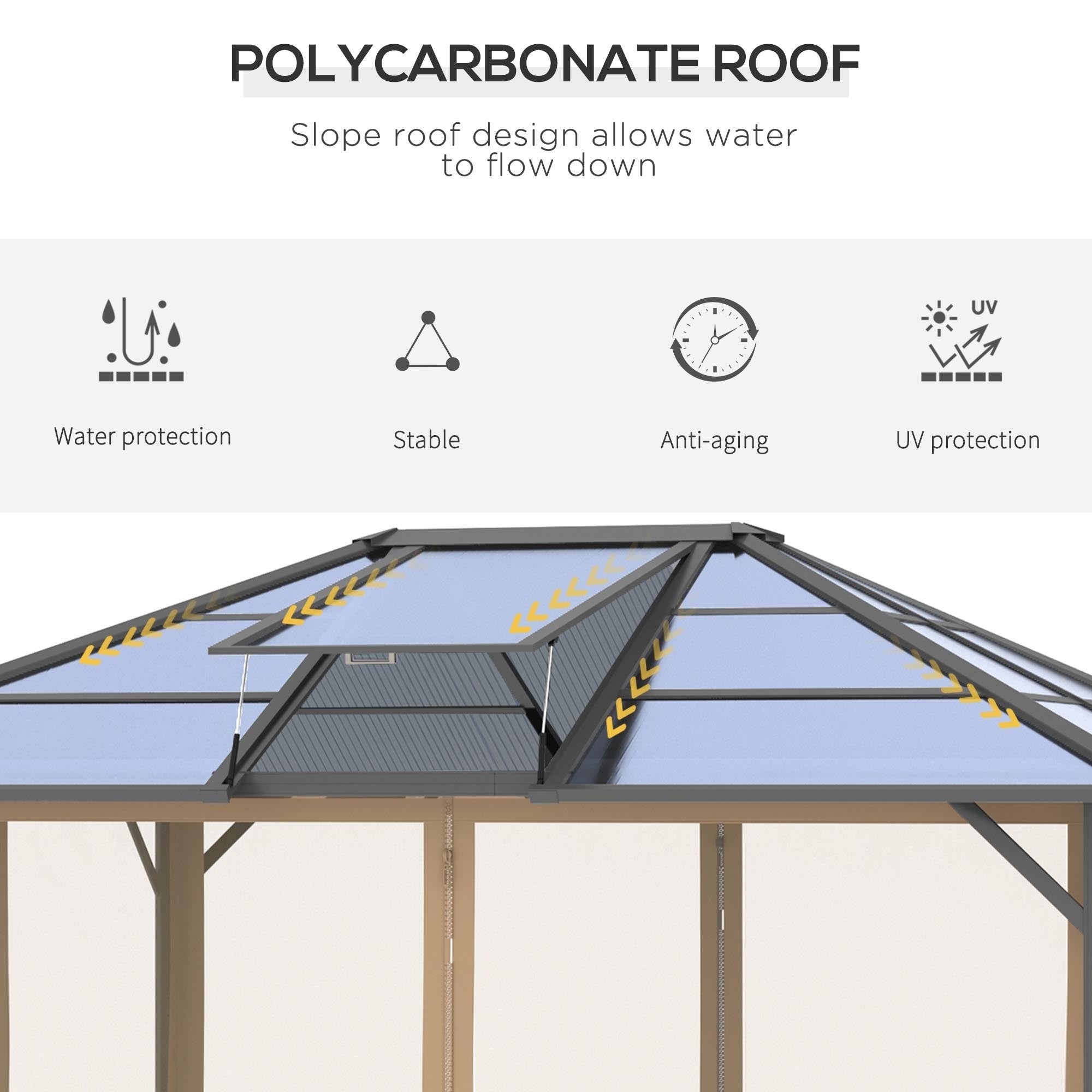 10' x 12' Hardtop Gazebo Canopy with Polycarbonate Roof, Top Vent and Aluminum Frame, Permanent Pavilion Outdoor Gazebo with Netting, for Patio, Garden, Backyard, Deck, Lawn