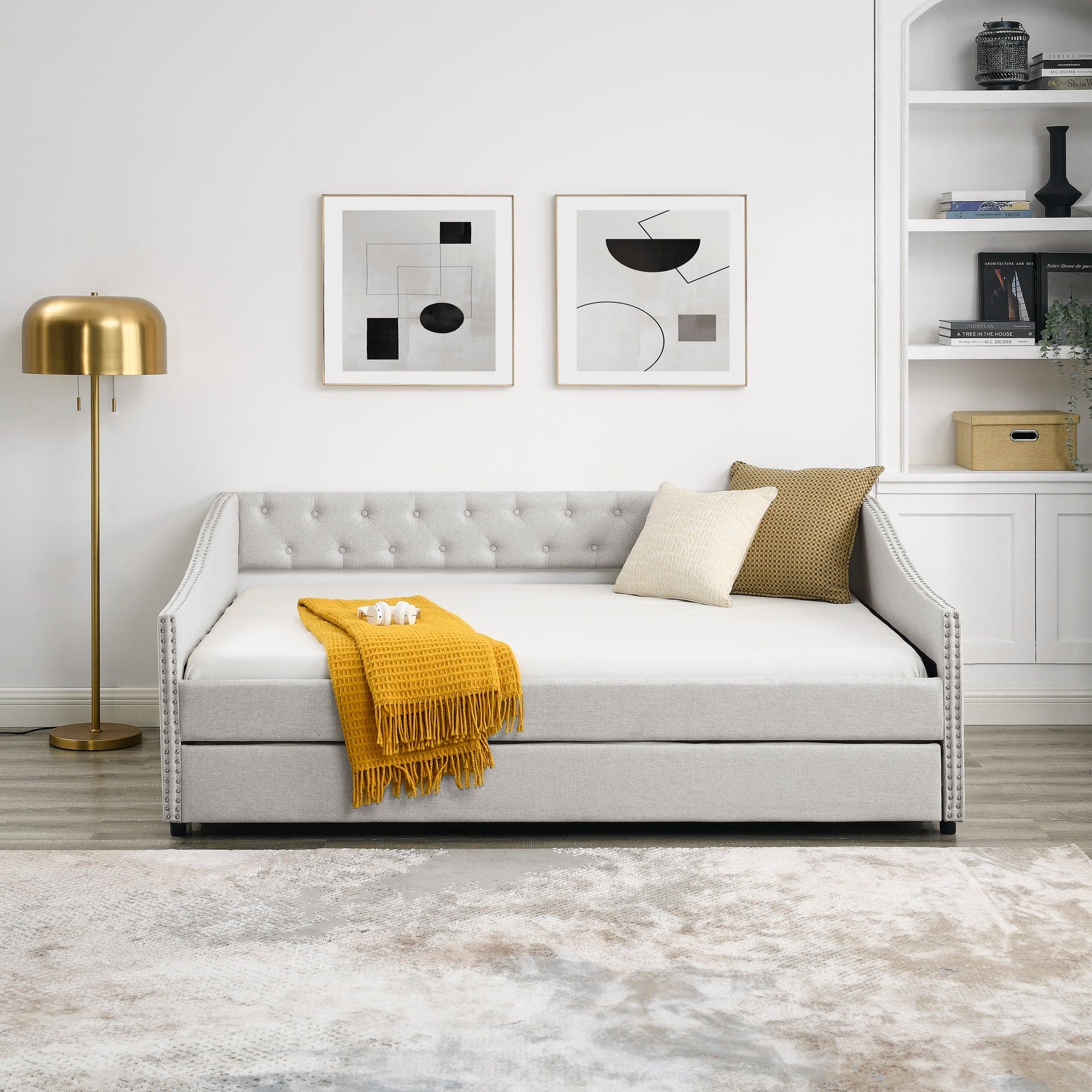 Full Size Daybed with Twin Size Trundle Upholstered Tufted Sofa Bed, with Button on Back and Copper Nail on Waved Shape Arms,Beige (80.5"x55.5"x27.5")