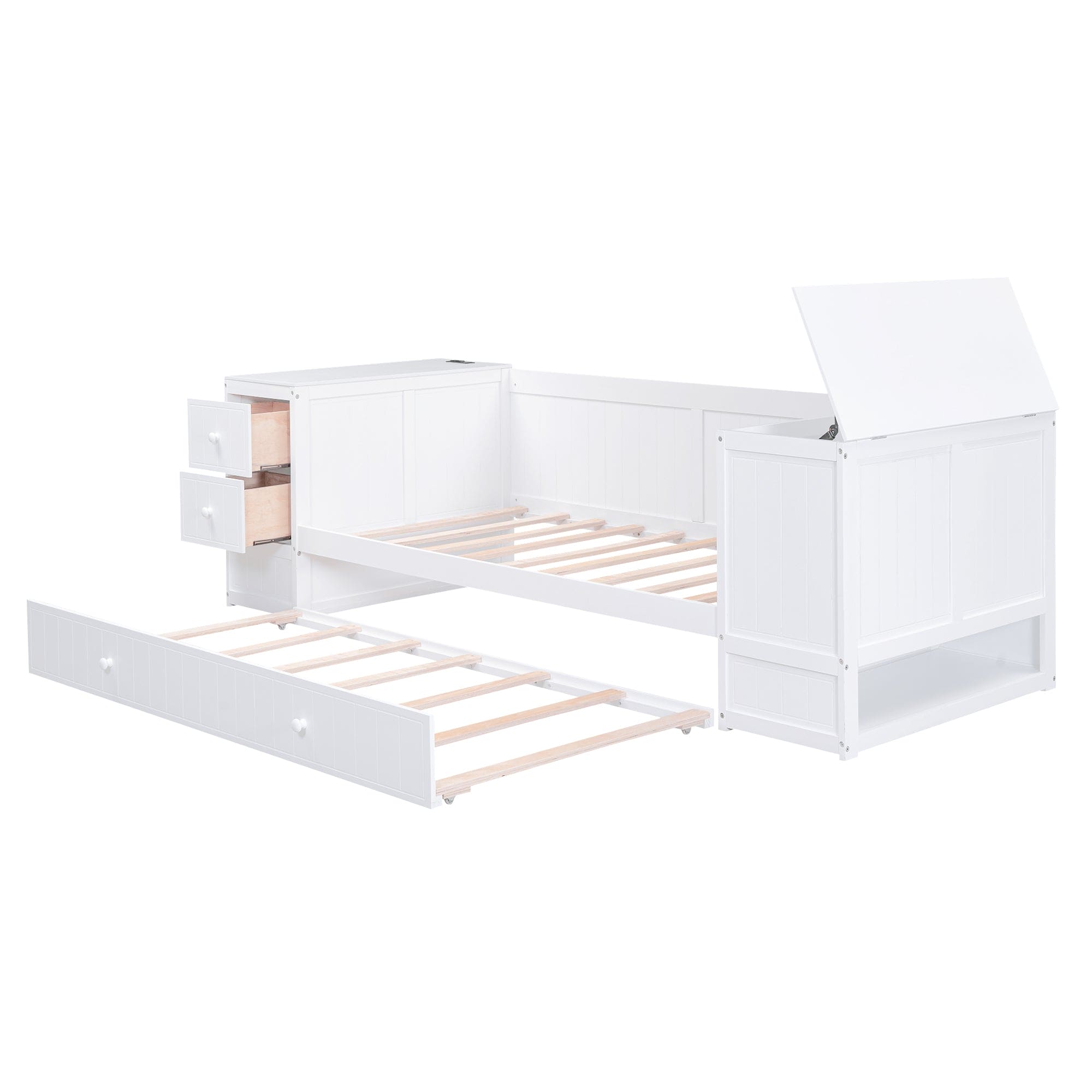 Twin Size Daybed with Storage Arms, Trundle and Charging Station, White