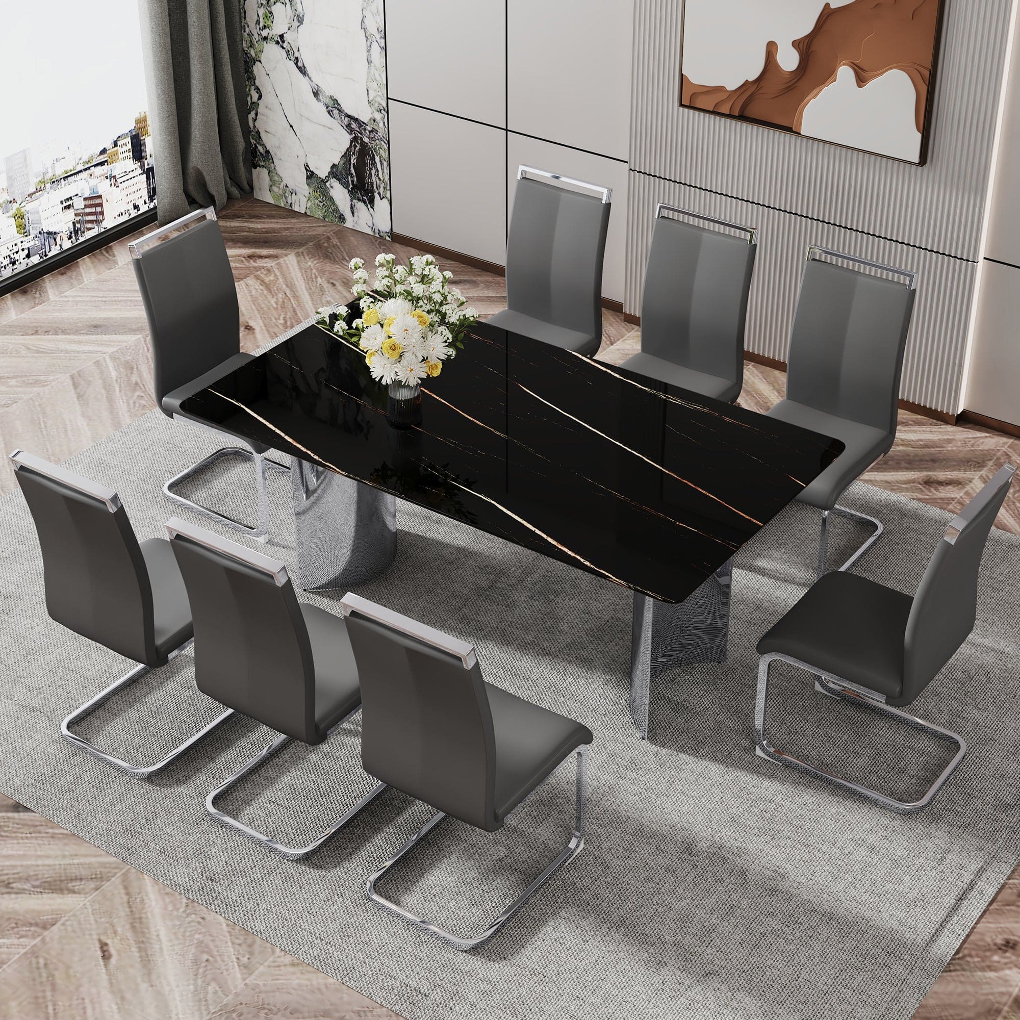 Modern minimalist dining table. The black imitation marble glass desktop is equipped with silver metal legs. Suitable for restaurants and living rooms 71 "* 39.3" * 29.5 "DT-69