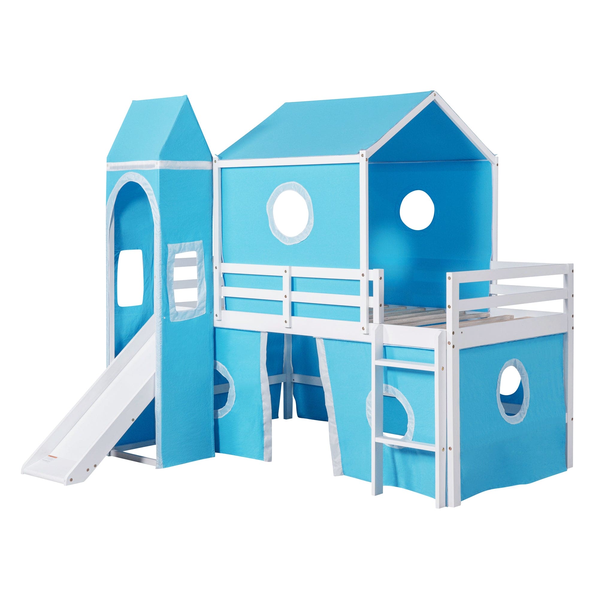 Twin Size Bunk Bed with Slide Blue Tent and Tower - Blue