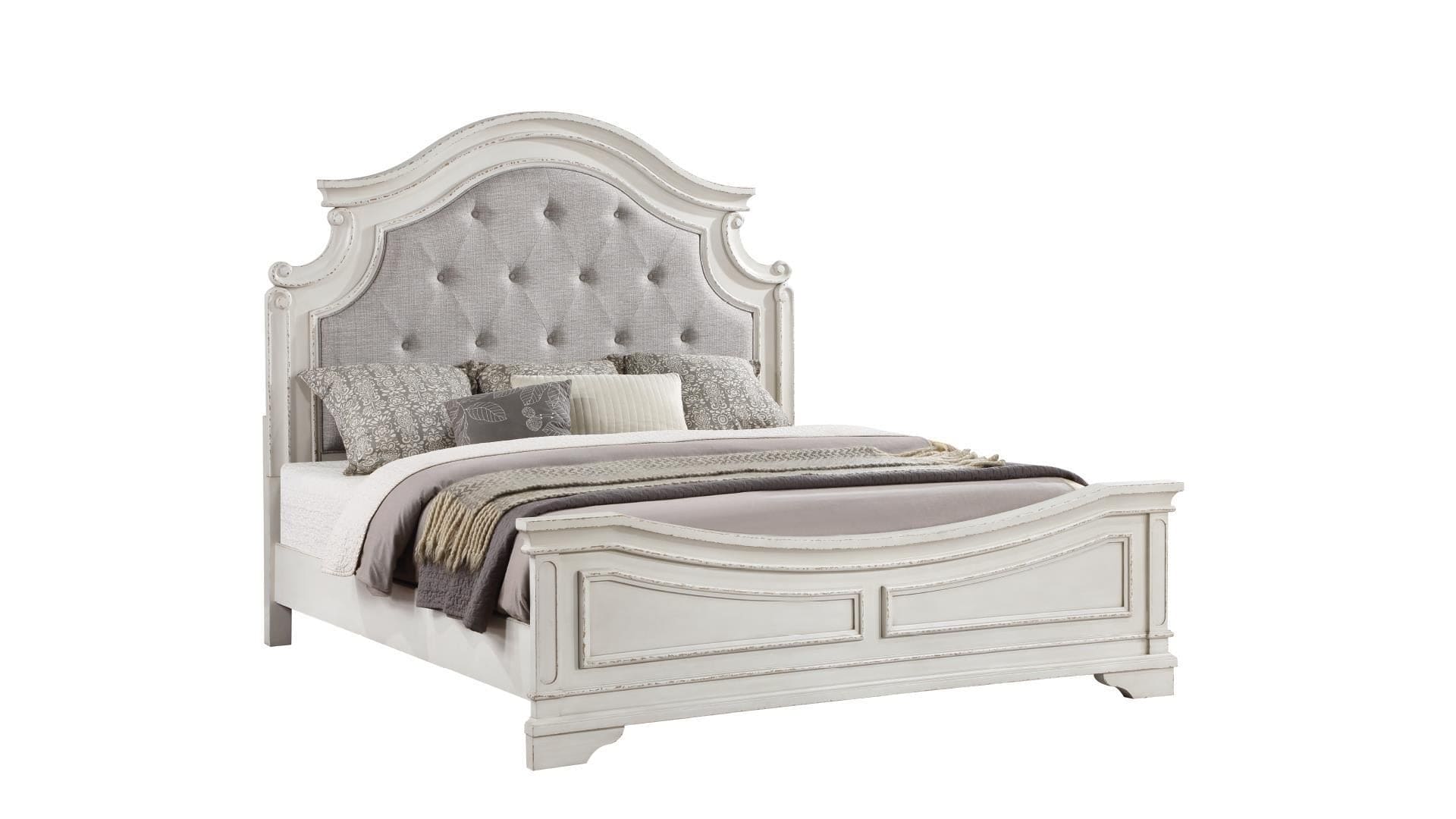 Noble Traditional Style Queen Bed with Button Tufted Upholstery Headboard Made with Wood in Antique White