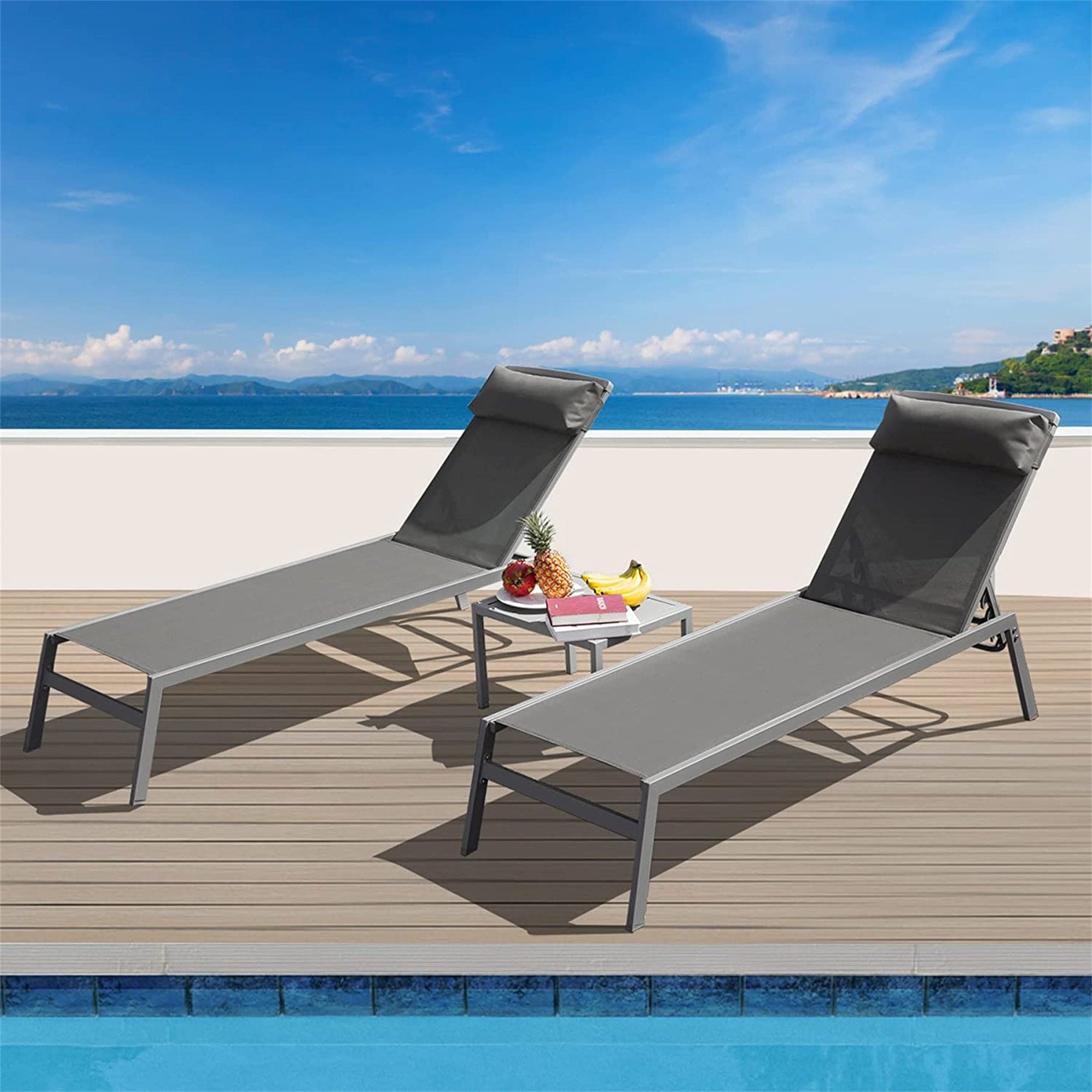 Patio Chaise Lounge Set, 3 Pieces Aluminum Adjustable Pool Lounge Chairs Textilene Sunbathing Recliner with Headrest (Grey,2 Lounge Chairs
+1 Table)