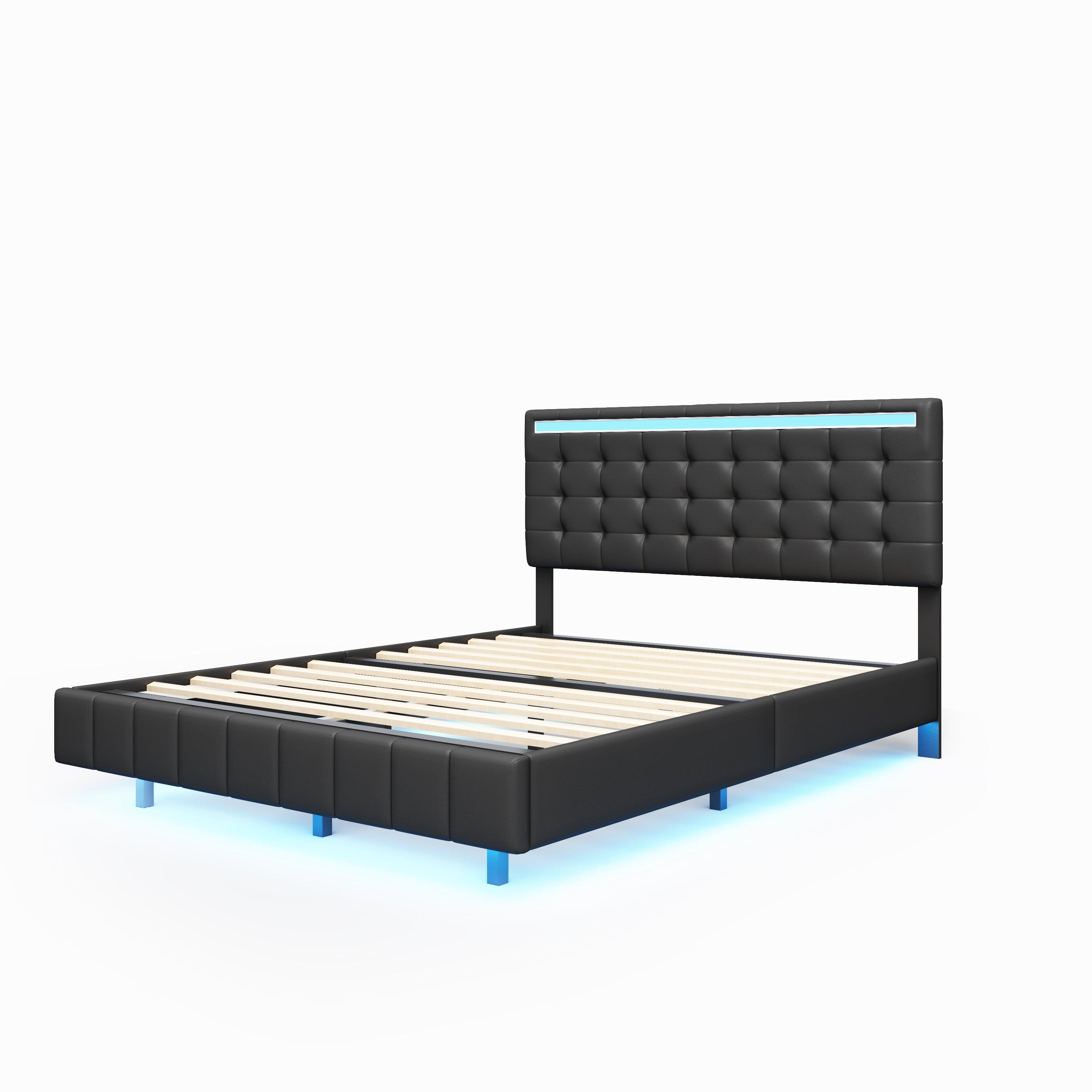 Queen Size Floating Bed Frame with LED Lights and USB Charging,Modern Upholstered Platform LED Bed Frame,Black