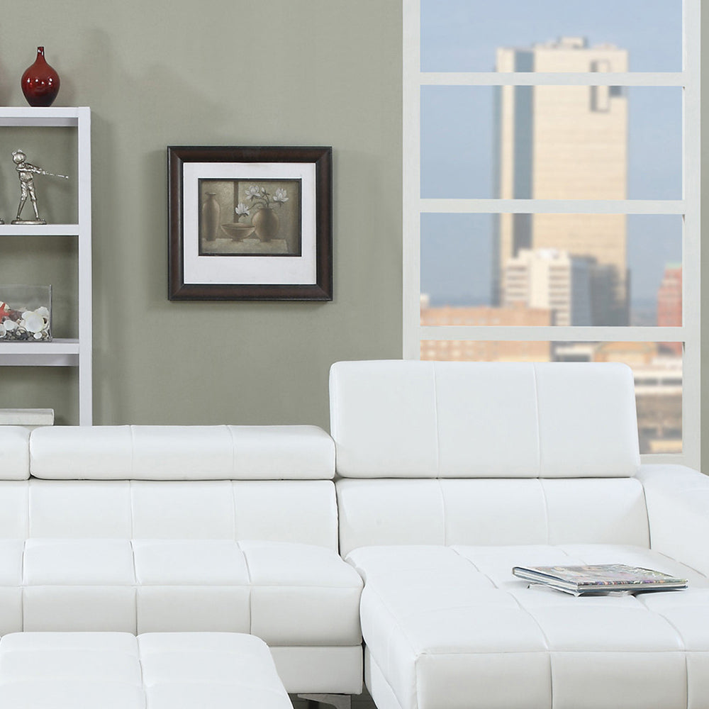 Bonded Leather Sectional Sofa with Adjustable Headrest in White