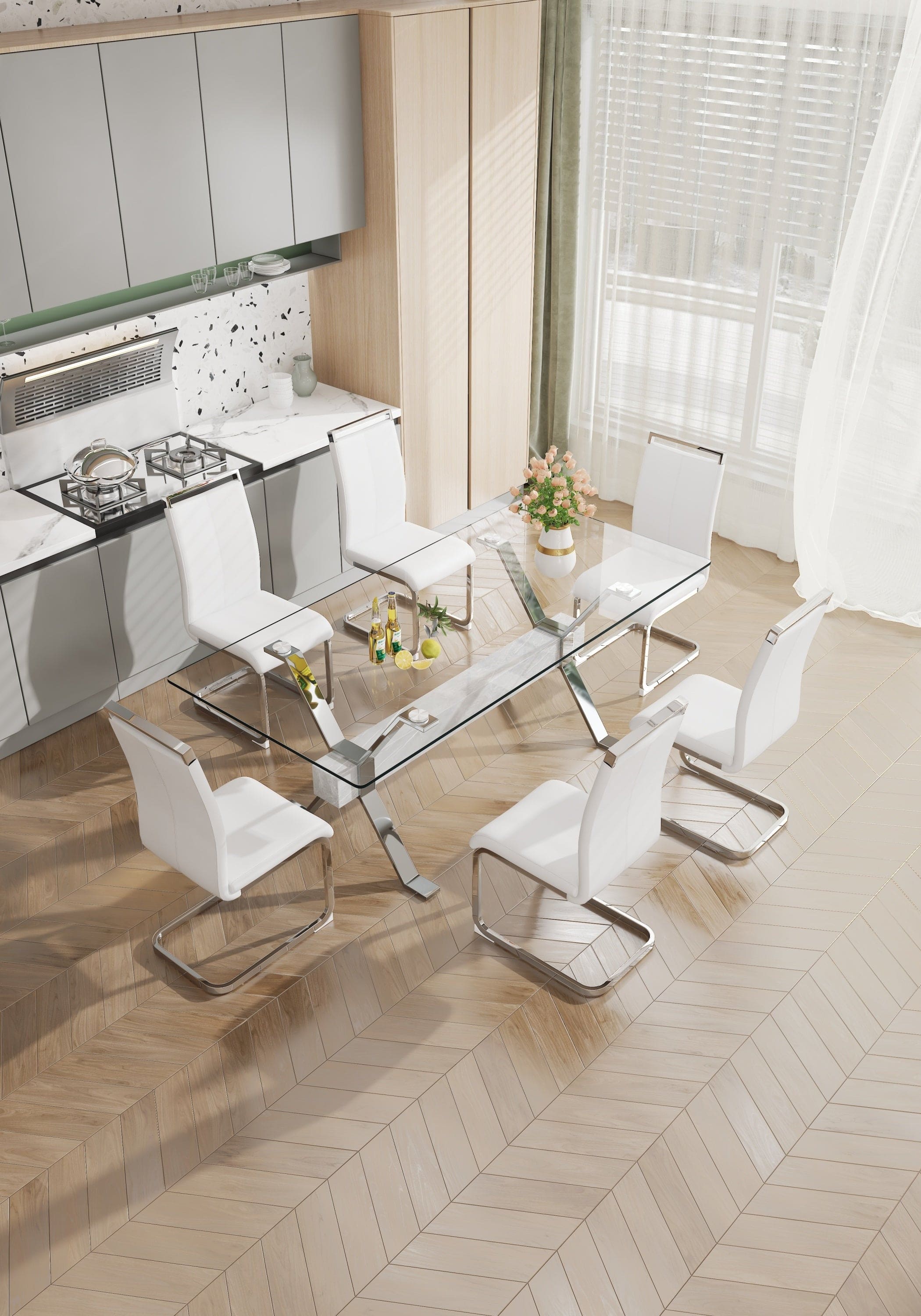 Dining table. Modern tempered glass dining table. Large modern office desk with silver plated metal legs and MDF crossbars, suitable for both home and office use. Kitchen. 79 ''x39''x30 '' 1105