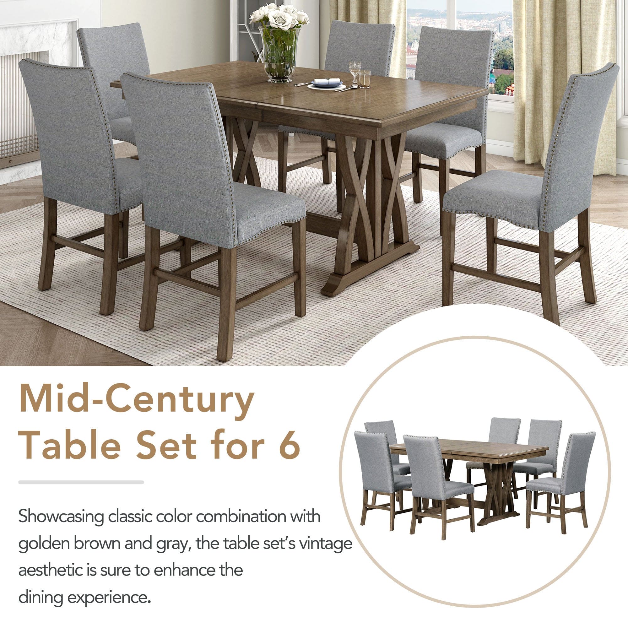 TOPMAX Mid-Century Solid Wood 7-Piece Dining Table Set Extendable Kitchen Table Set with Upholstered Chairs and 12" Leaf for 6, Golden Brown+Gray Cushion