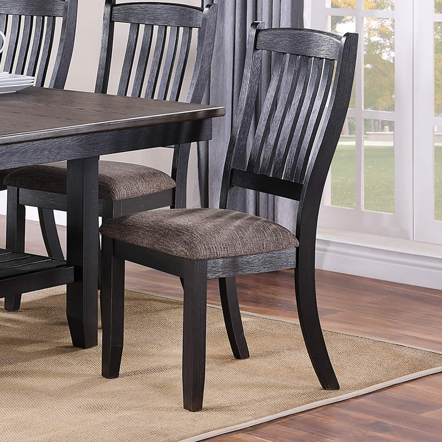 Transitional Dining Room 7pc Set Dark Coffee Rubberwood Dining Table w Shelf and 6x Side Chairs Fabric Upholstered seats Unique Back Chairs