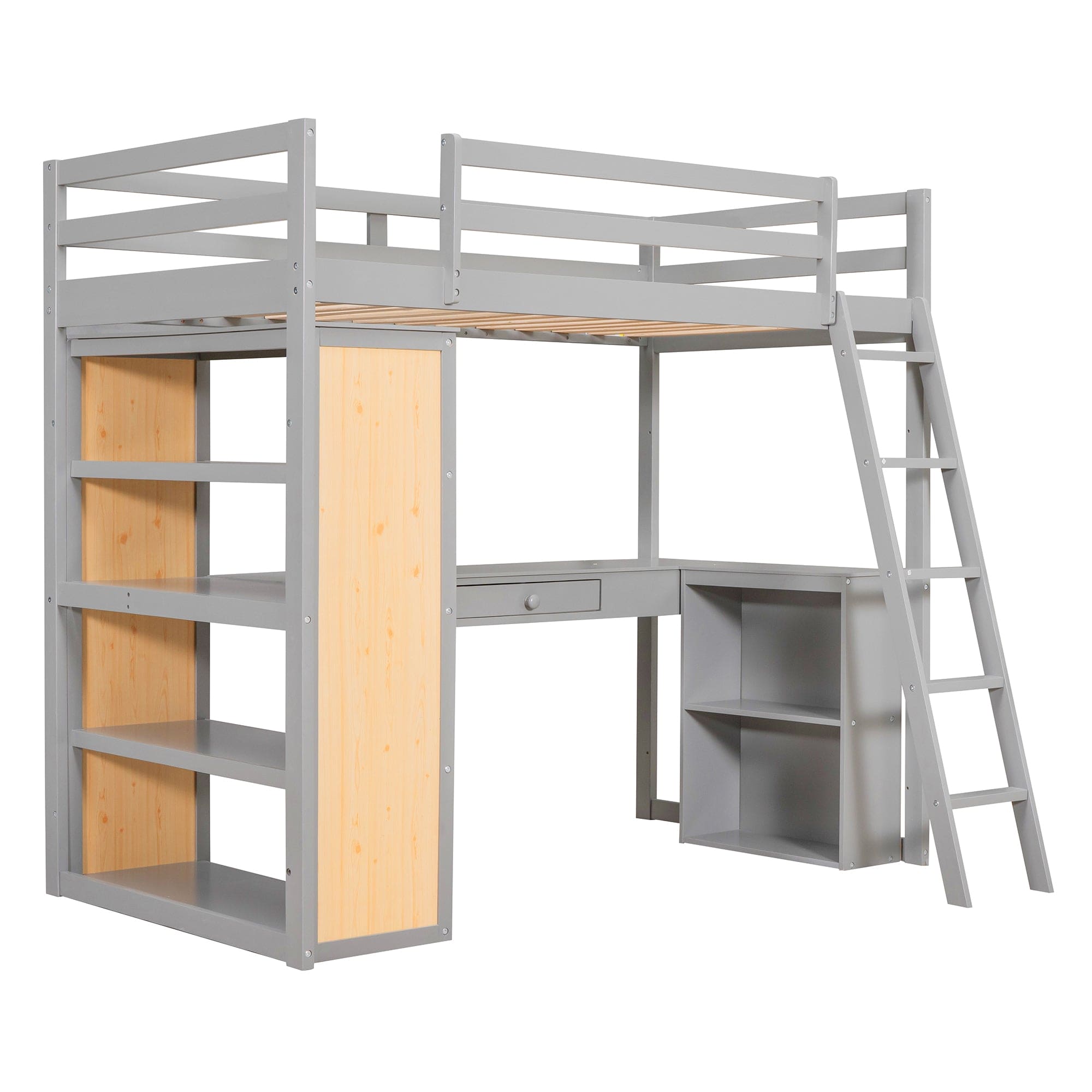 Twin Size Loft Bed with Ladder, Shelves, and Desk, Gray(LT100225AAE)