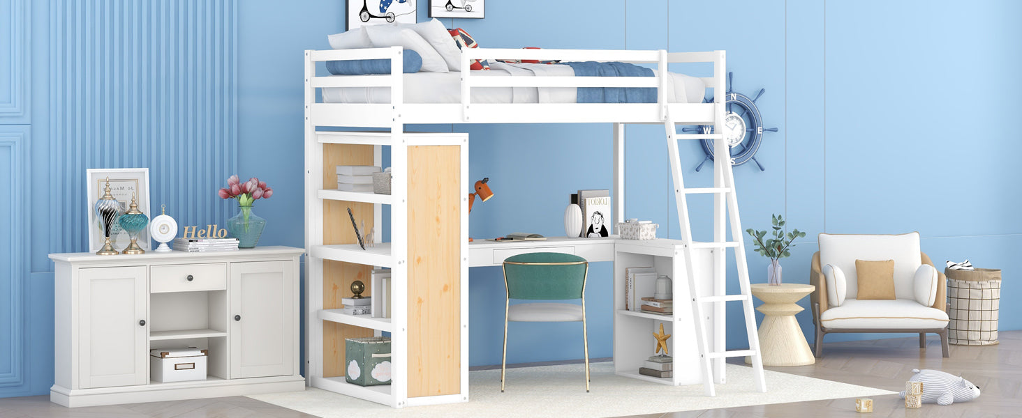 Twin Size Loft Bed with Ladder, Shelves, and Desk, White(OLD SKU:LT100225AAK)