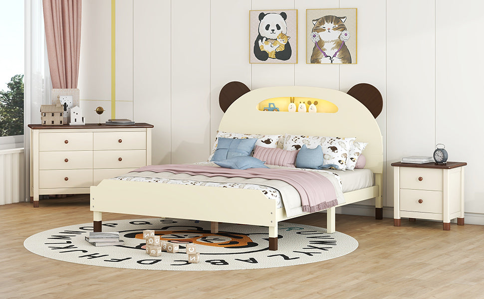 3-Pieces Bedroom Sets Full Size Bear-Shape Platform Bed with Nightstand and Storage dresser,Cream+Walnut