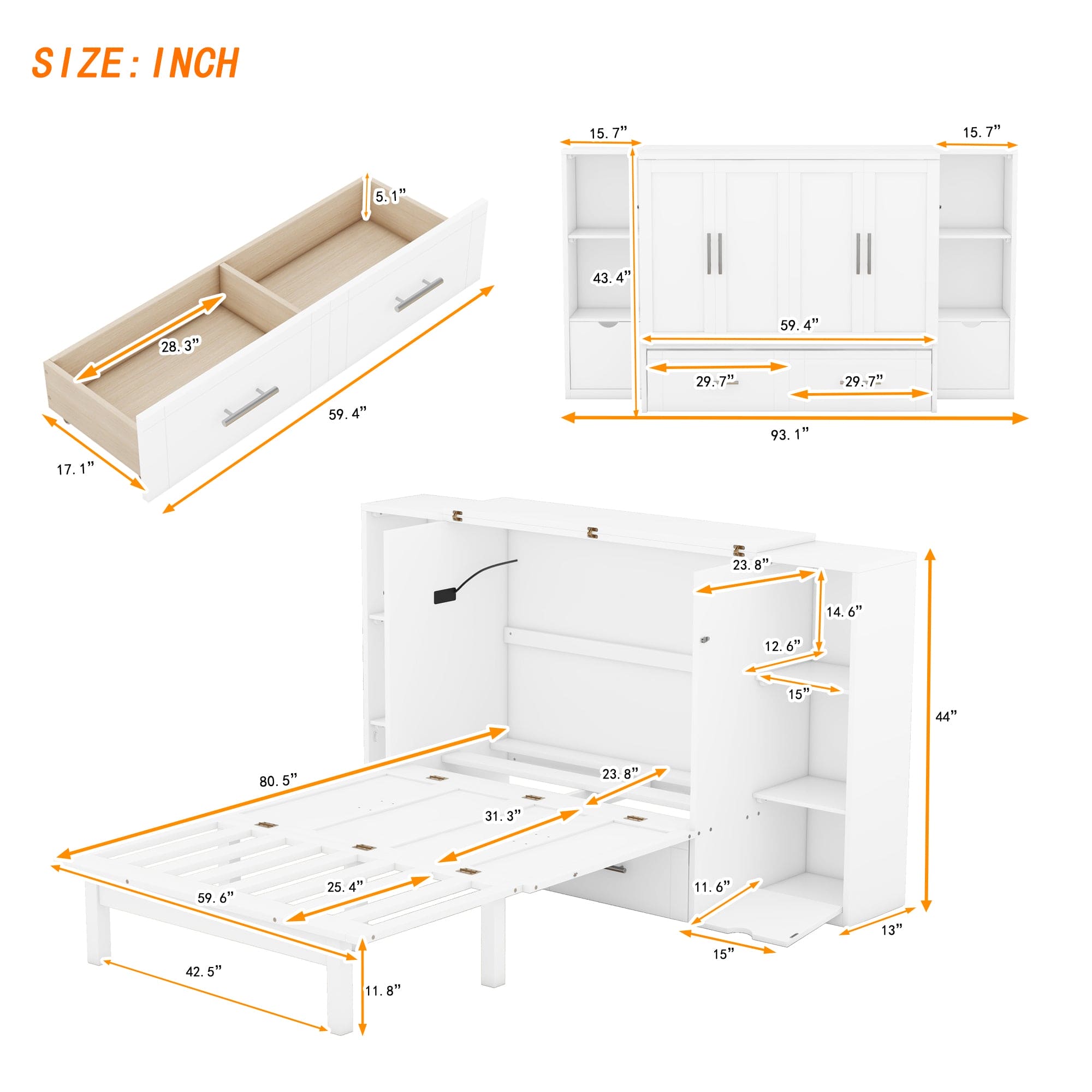 Queen Size Murphy Bed with Shelves, Drawers and USB Ports,White