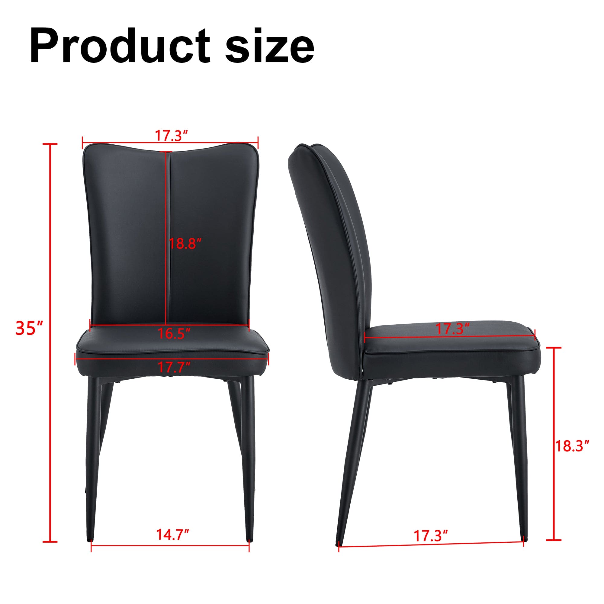 Modern minimalist dining chairs, black PU leather curved backrest and seat cushions, black metal chair legs, suitable for restaurants, bedrooms, and living rooms. A set of four chairs. 008