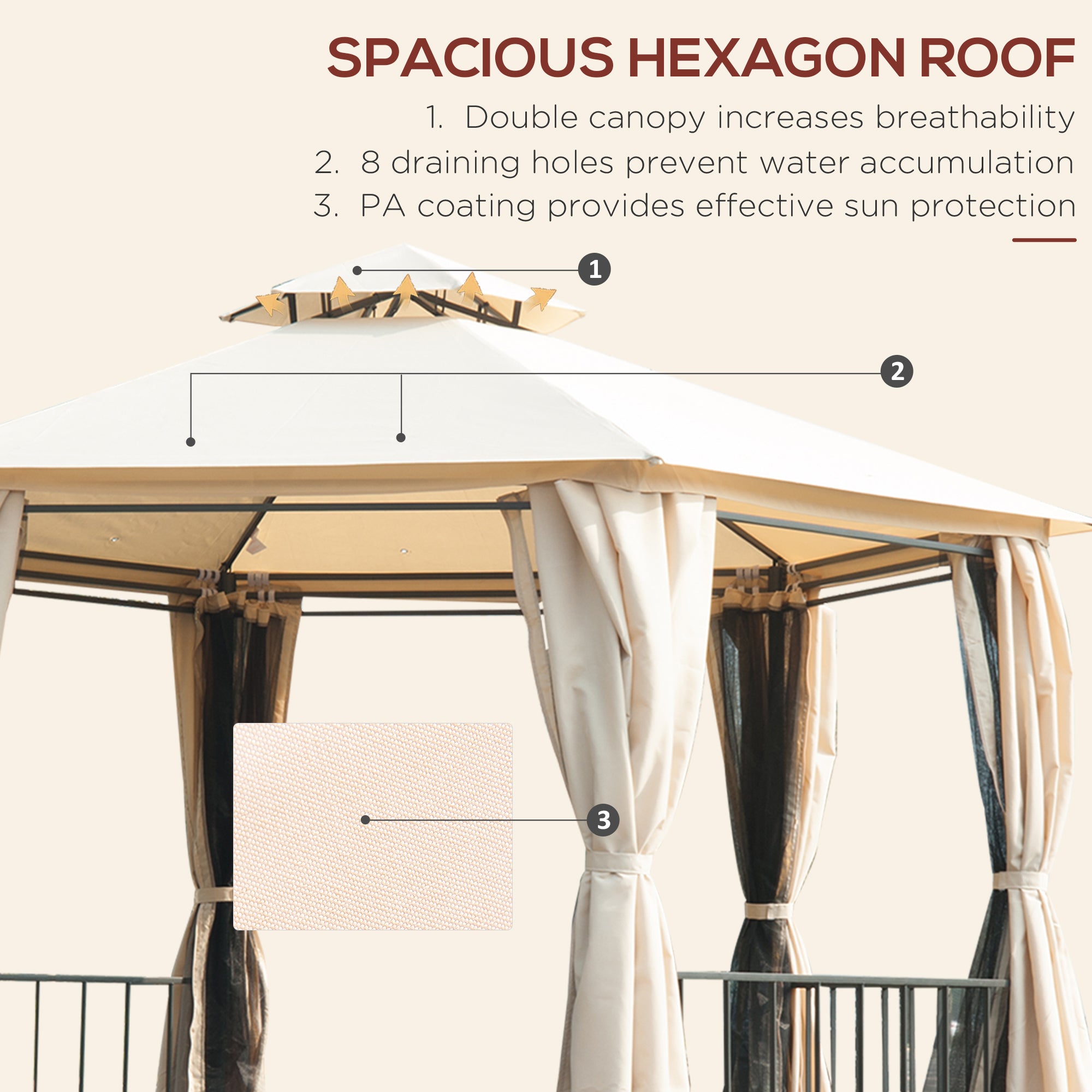 13' x 13' Patio Gazebo, Double Roof Hexagon Outdoor Gazebo Canopy Shelterwith Netting & Curtains, Solid Steel Frame for Garden, Lawn, Backyard and Deck, Beige