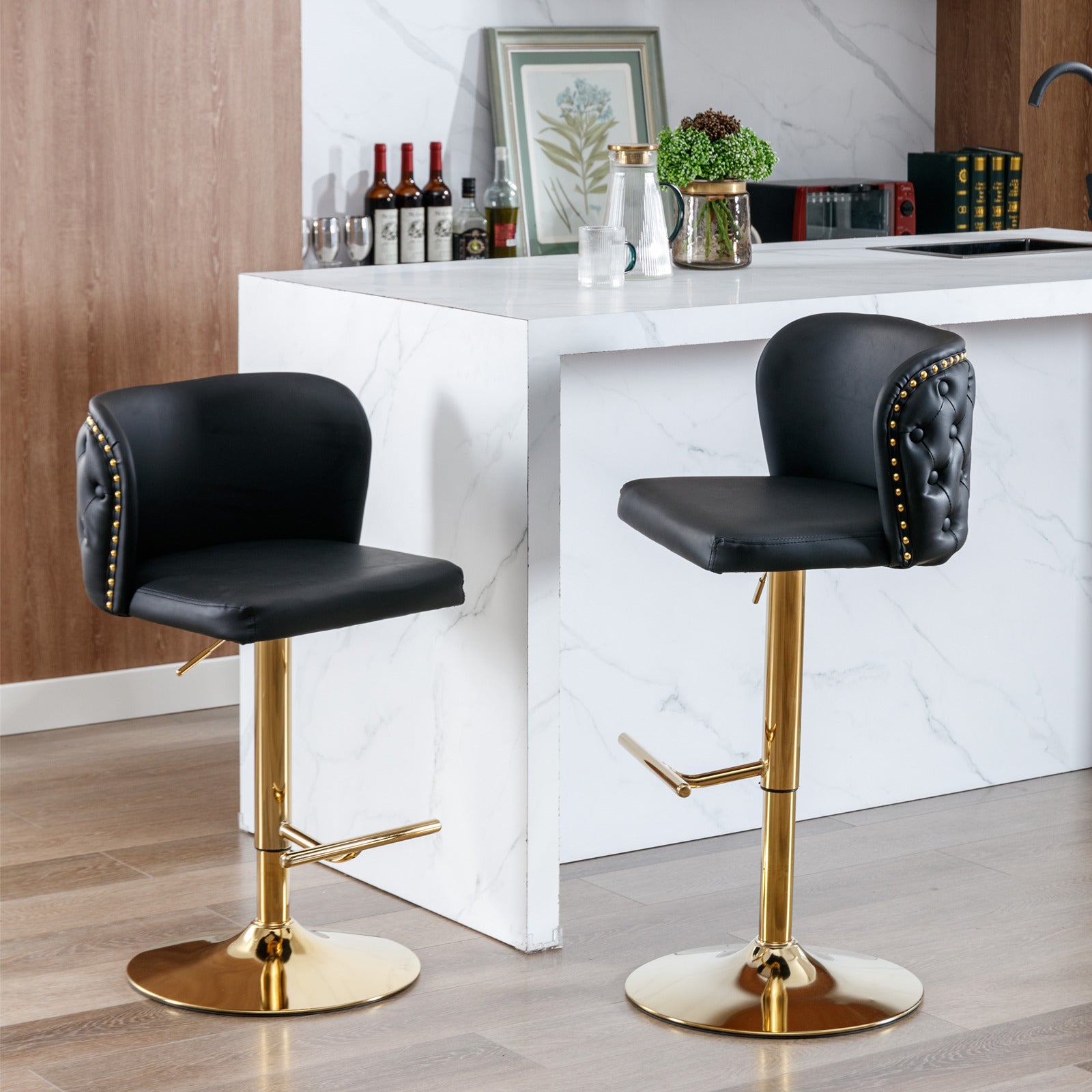 A&A Furniture,Swivel Barstools Adjusatble Seat Height, Modern PU Upholstered Bar Stools with  the whole Back Tufted, for Home Pub and Kitchen Island（Black, Set of 2）