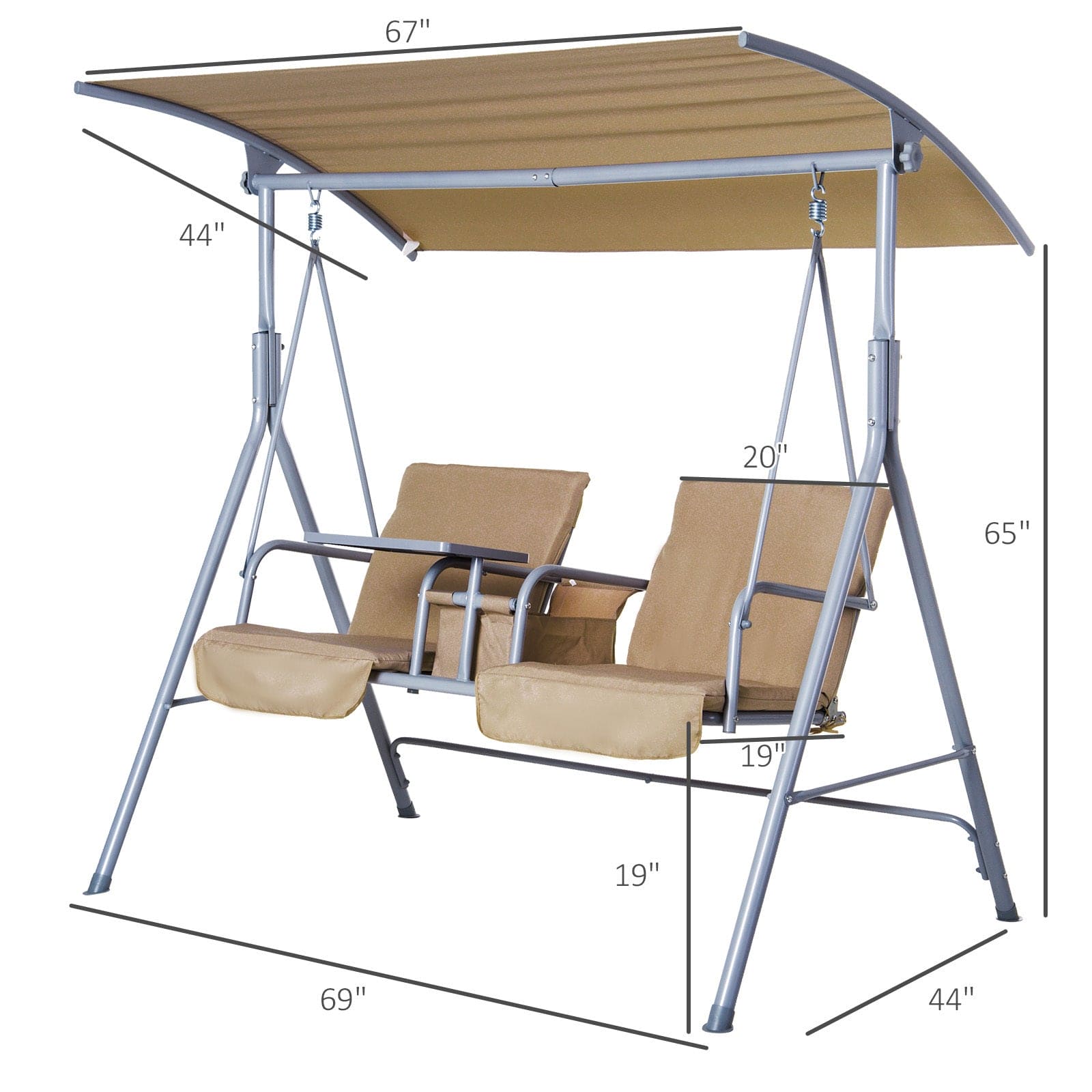 Outsunny 2 Person Porch Swing with Stand, Outdoor Swing with Canopy, Pivot Storage Table, 2 Cup Holders, Cushions for Patio, Backyard, Beige