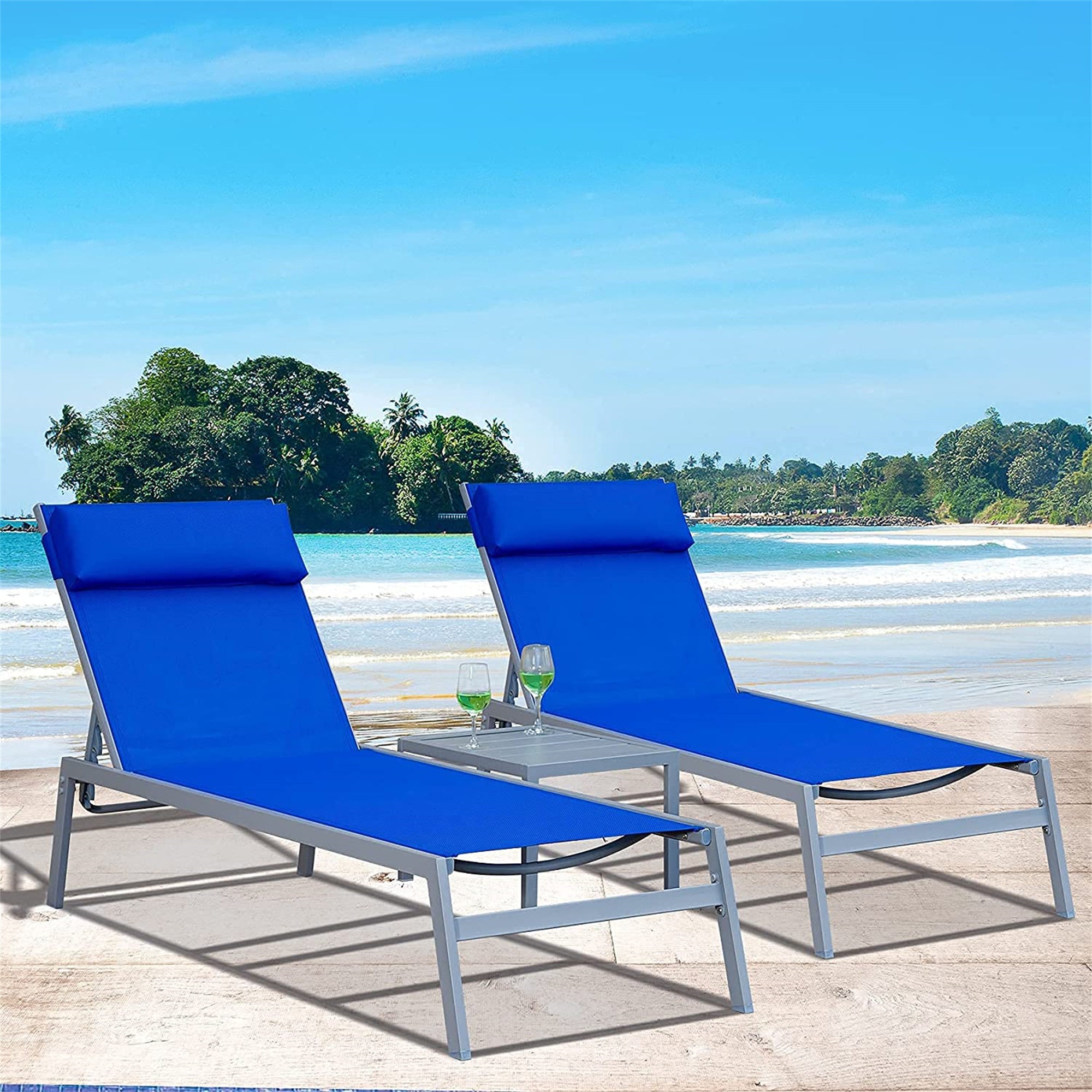 Patio Chaise Lounge Set, 3 Pieces Adjustable Backrest Pool Lounge Chairs Steel Textilene Sunbathing Recliner with Headrest (Blue.2 Lounge Chairs+1 Table)