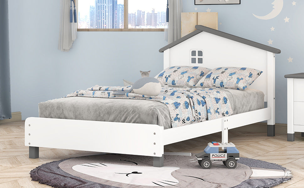 Twin Size Wood Platform Bed with House-shaped Headboard  (White+Gray)