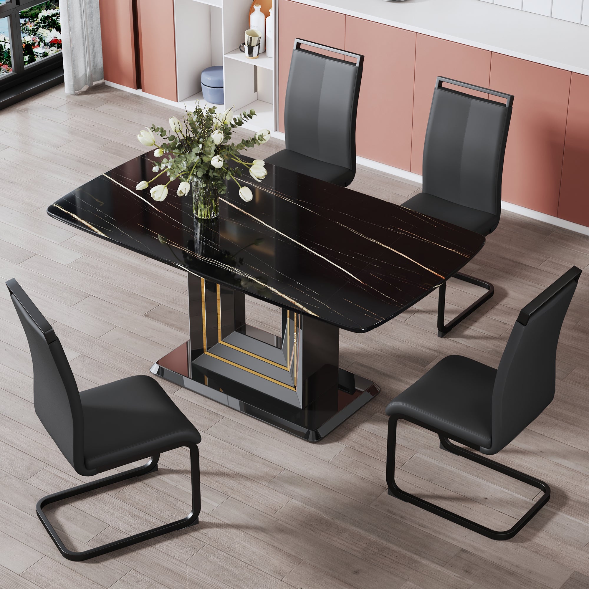 A table and four chairs. The table features a black imitation marble pattern tabletop and black gold MDF legs. The chair has a black PU backrest cushion and black metal legs. F-SQ  C-1162