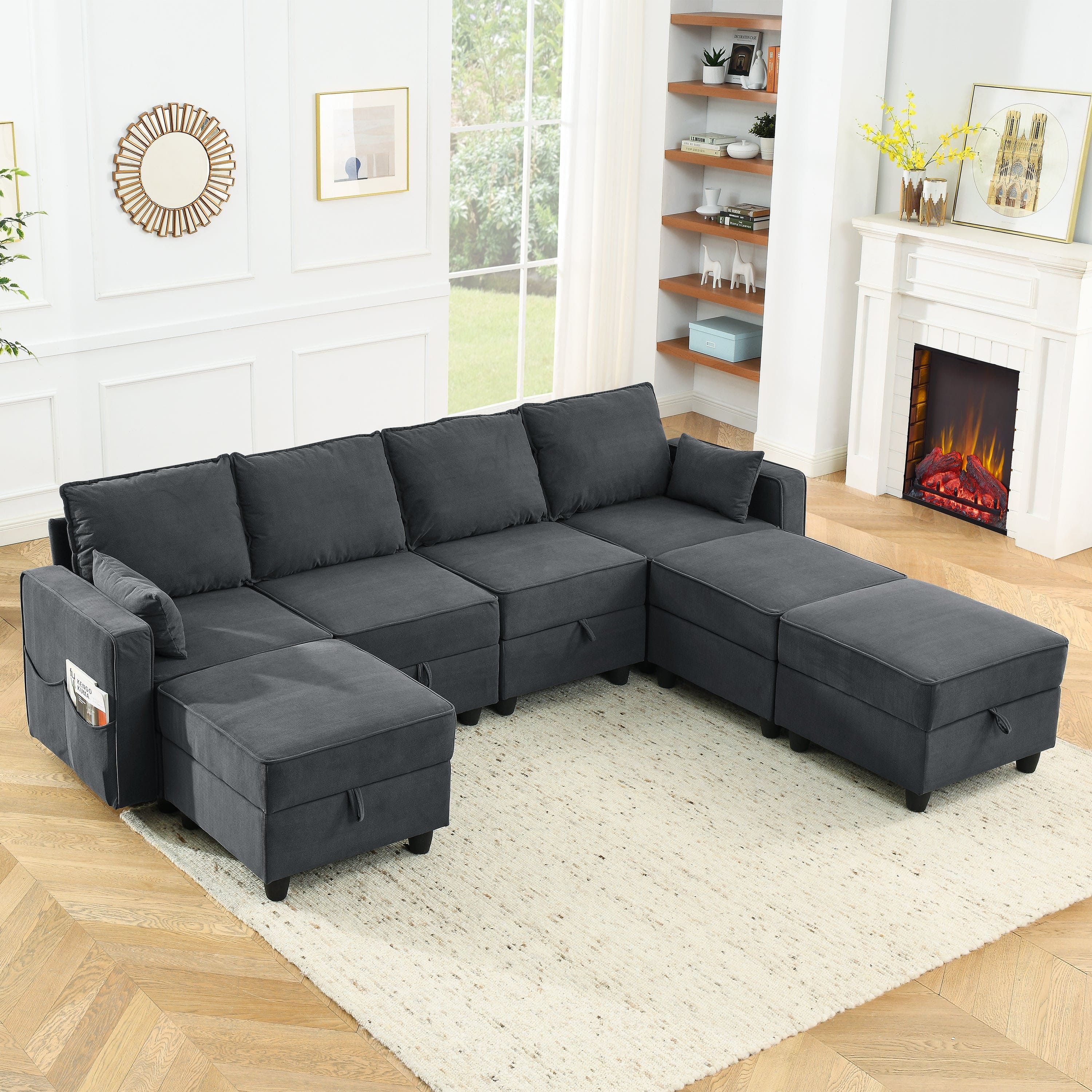 Arm Seat of Module Sofa, Gray Corduroy Velvet