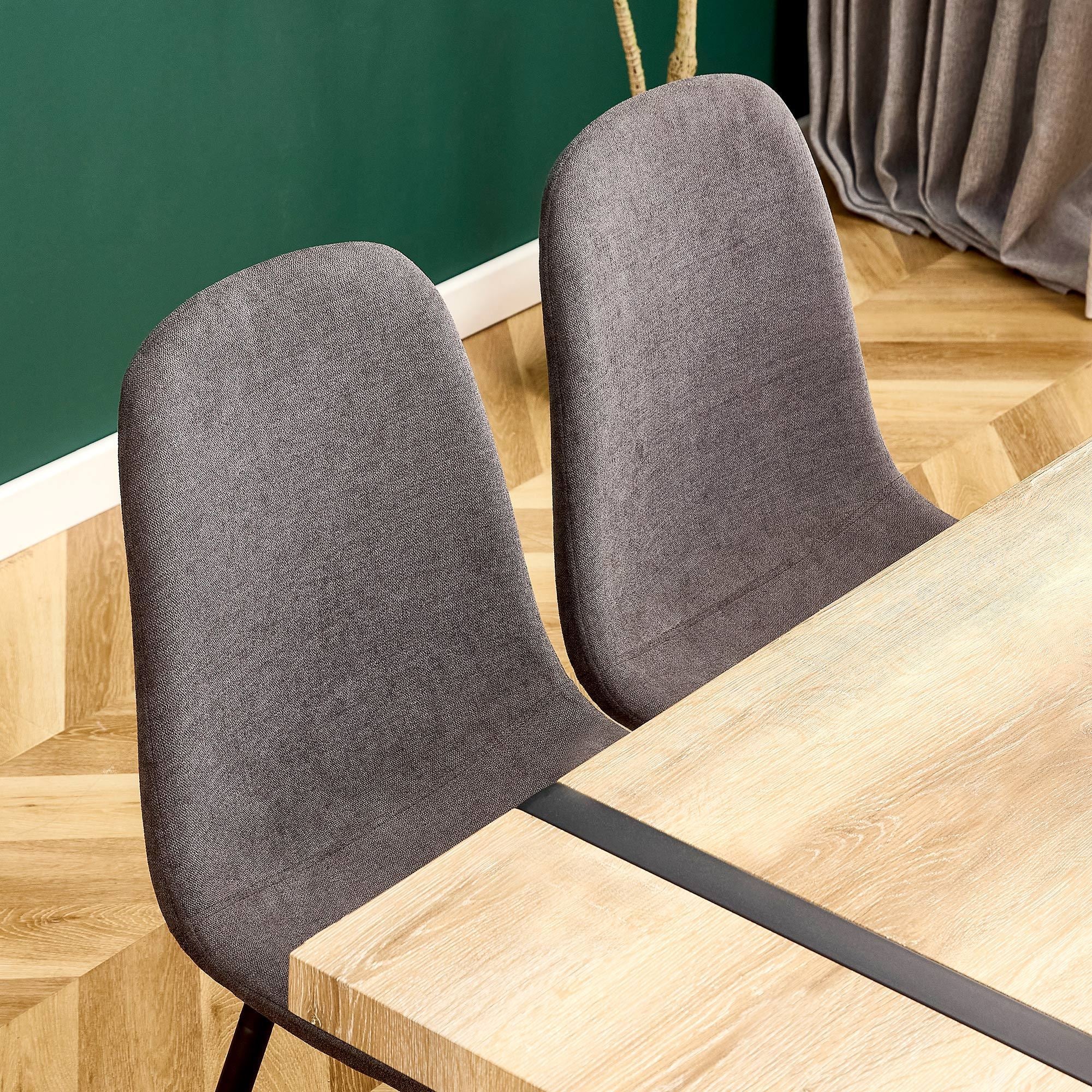 A set of 6 modern medieval style restaurant cushioned side chairs with soft linen fabric cushions and black metal legs, suitable for kitchen, lounge, and farmhouses.B0501A