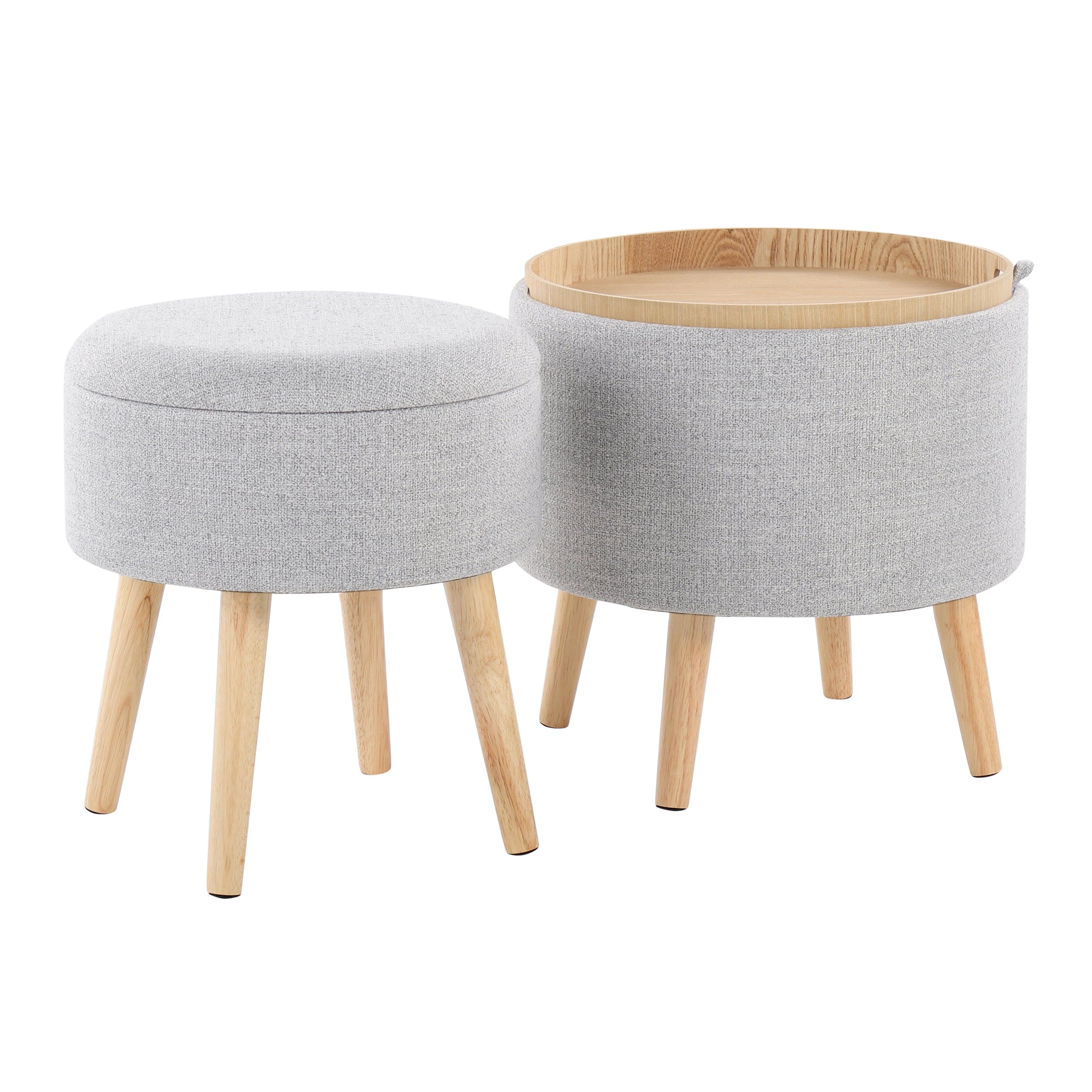 Tray Contemporary Storage Ottoman with Matching Stool in Light Grey Fabric and Natural Wood Legs by LumiSource