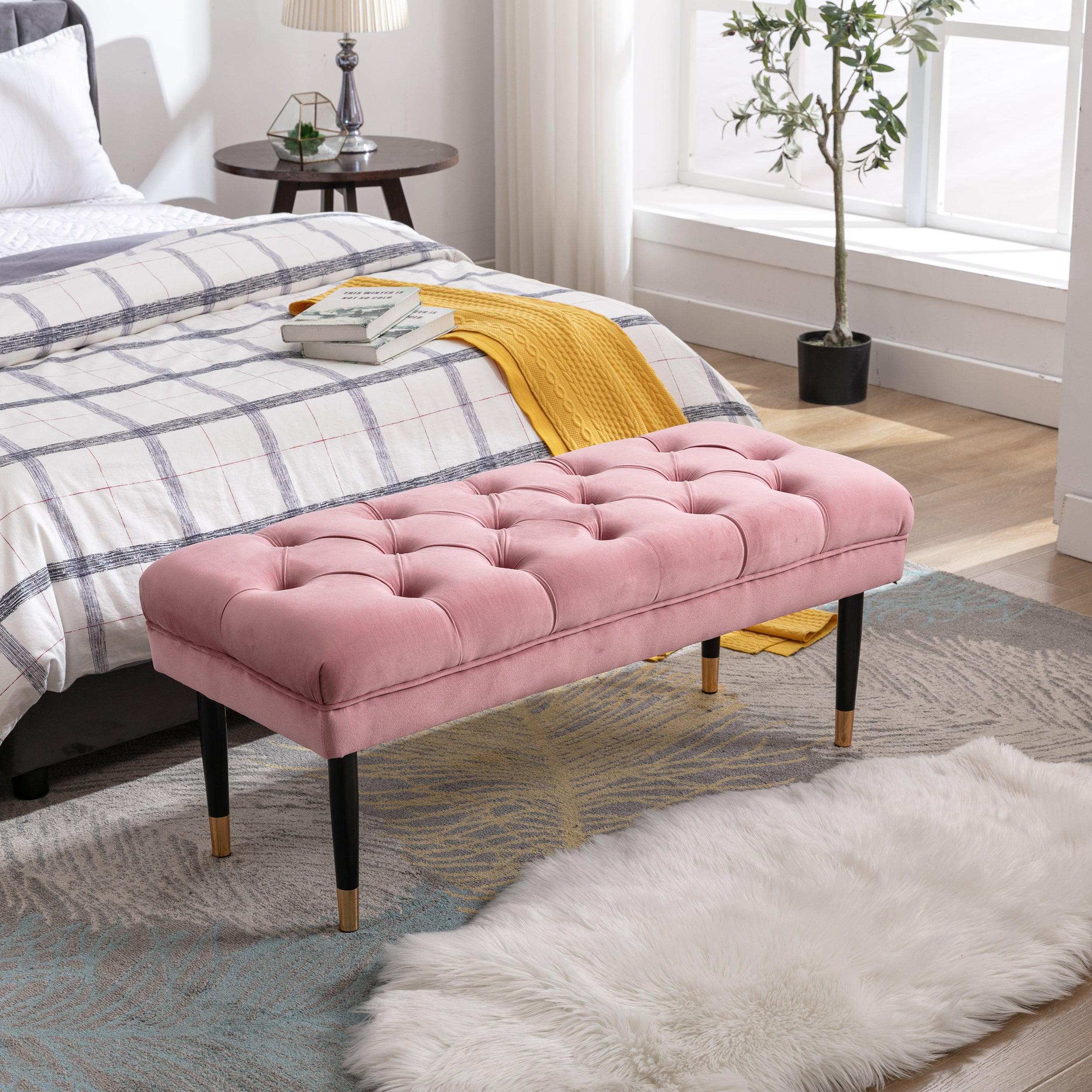 Tufted Bench Modern Velvet Button Upholstered Ottoman enches Bedroom Rectangle Fabric Footstool with Metal Legs for Living Room Entryway,Pink