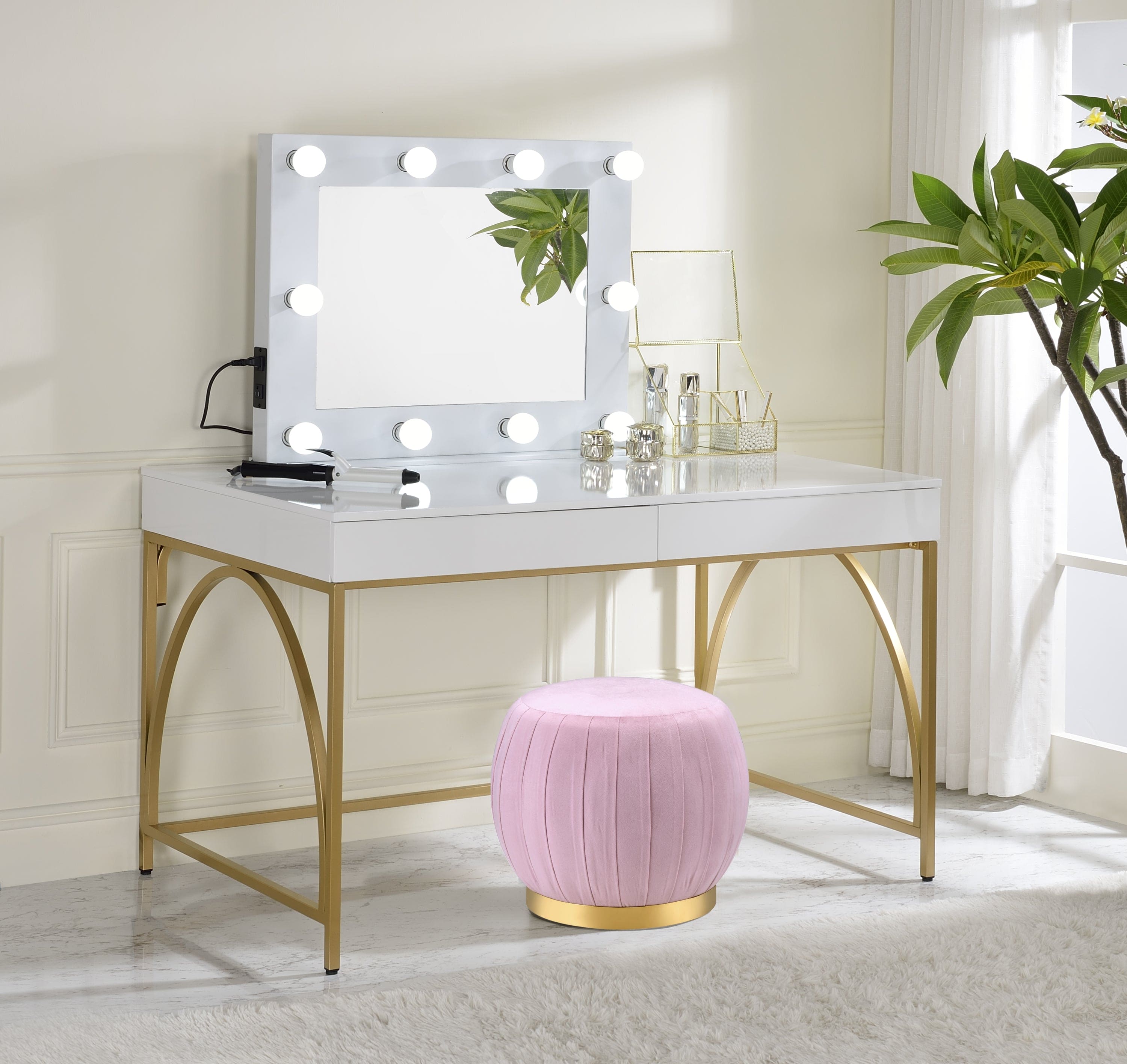 ACME Lightmane Vanity Desk  in White High Gloss & Gold Finish AC00900