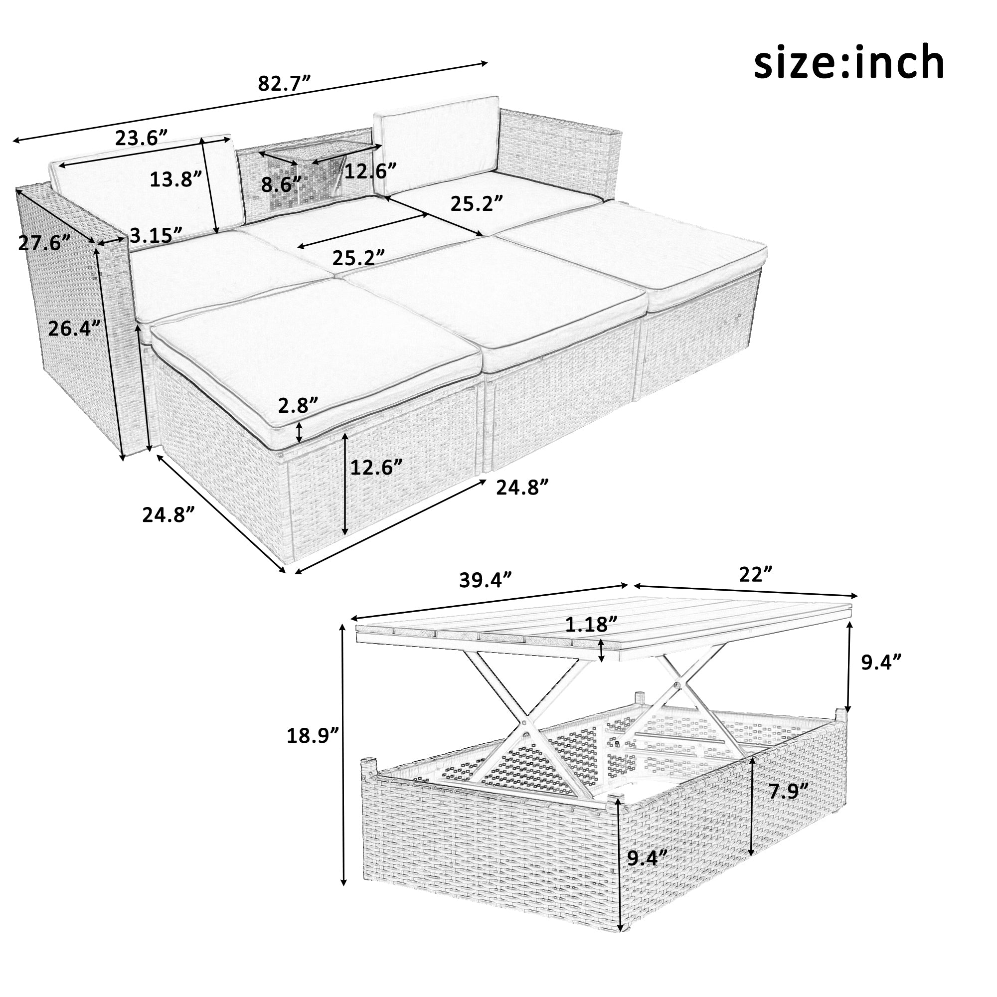 U_STYLE Patio Furniture Sets, 5-Piece Patio Wicker Sofa with Adustable Backrest, Cushions, Ottomans and Lift Top Coffee Table