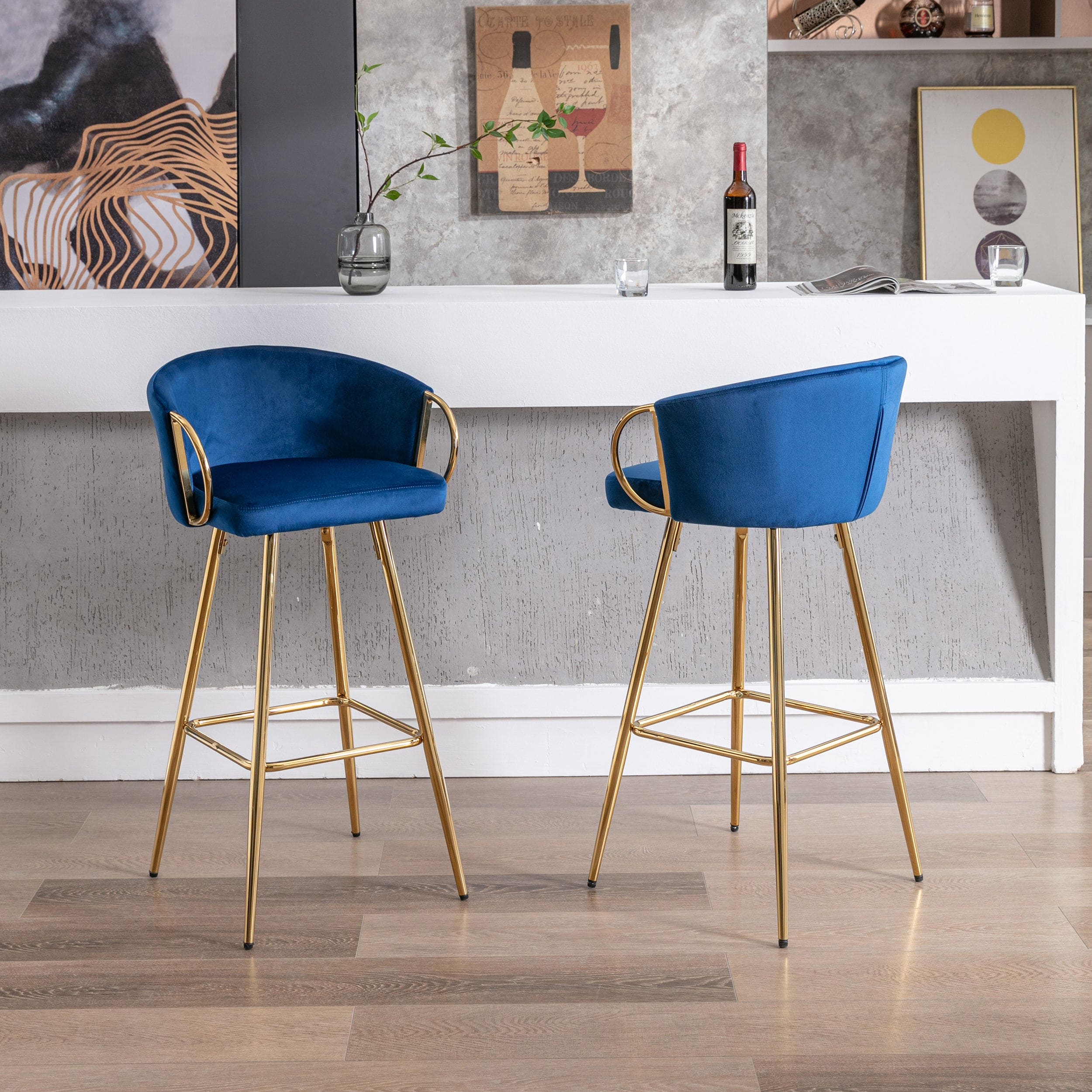 26 Inch Set of 2 Bar Stools,with Chrome Footrest Velvet + Golden Leg Simple Bar Stool,BLUE