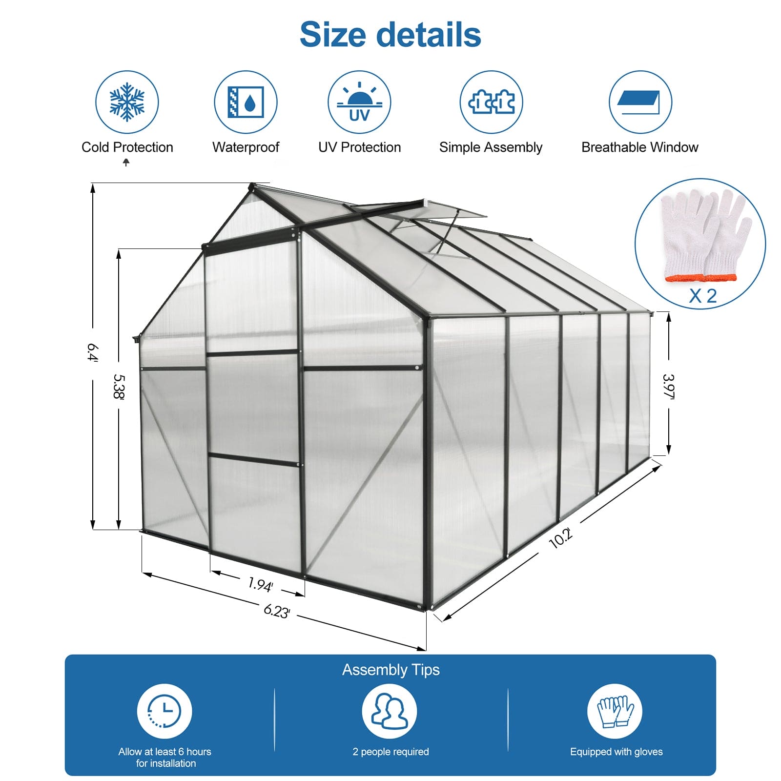 6x10 FT Polycarbonate Greenhouse Raised Base and Anchor Aluminum Heavy Duty Walk-in Greenhouses for Outdoor Backyard in All Season