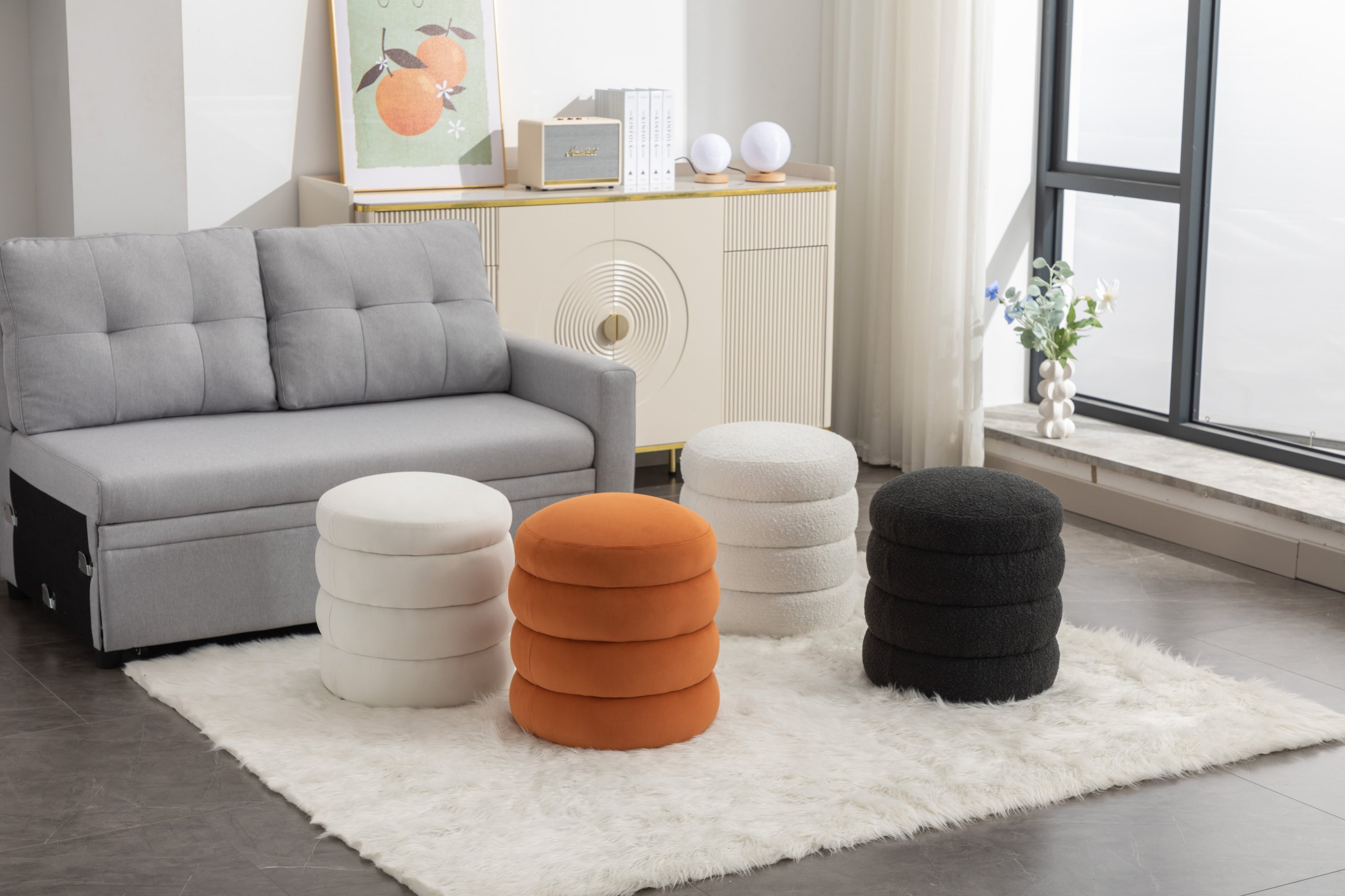 006-Soft Velvet  Round Ottoman Footrest Stool,Light Gray