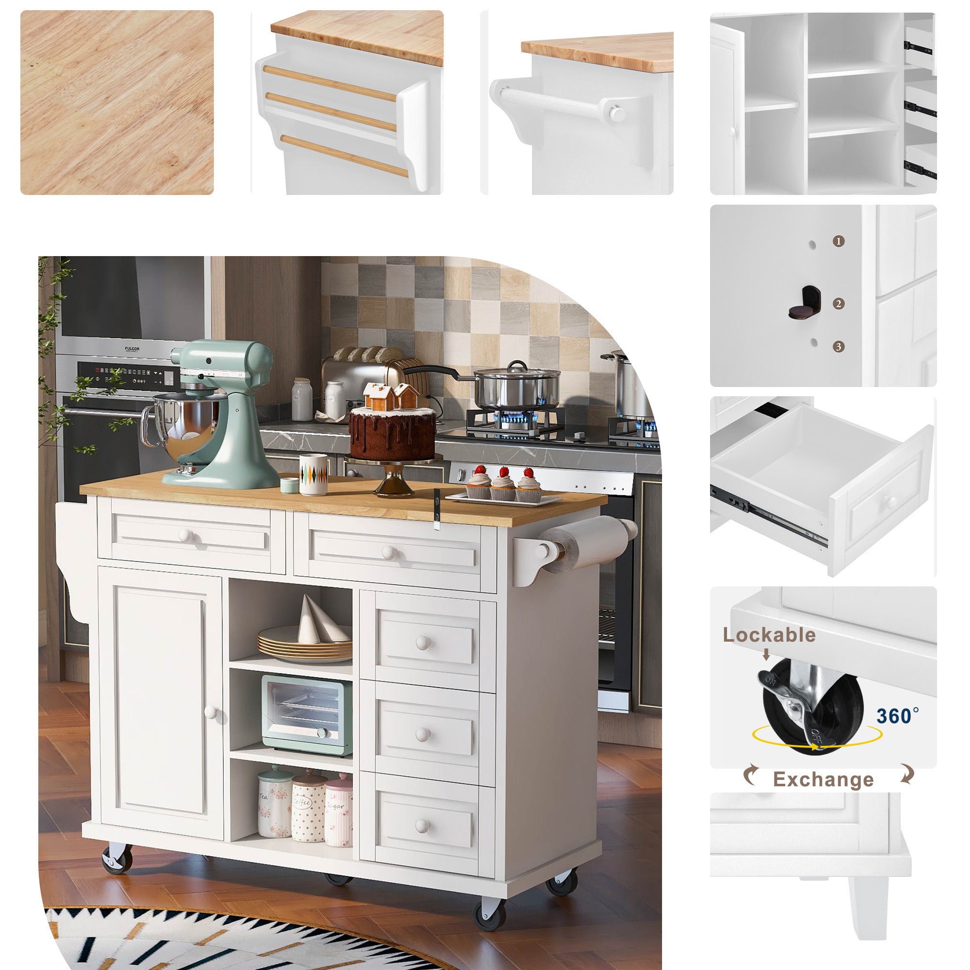 Kitchen cart with Rubber wood desktop rolling mobile kitchen island with storage and 5 draws 53 Inch  length(White)