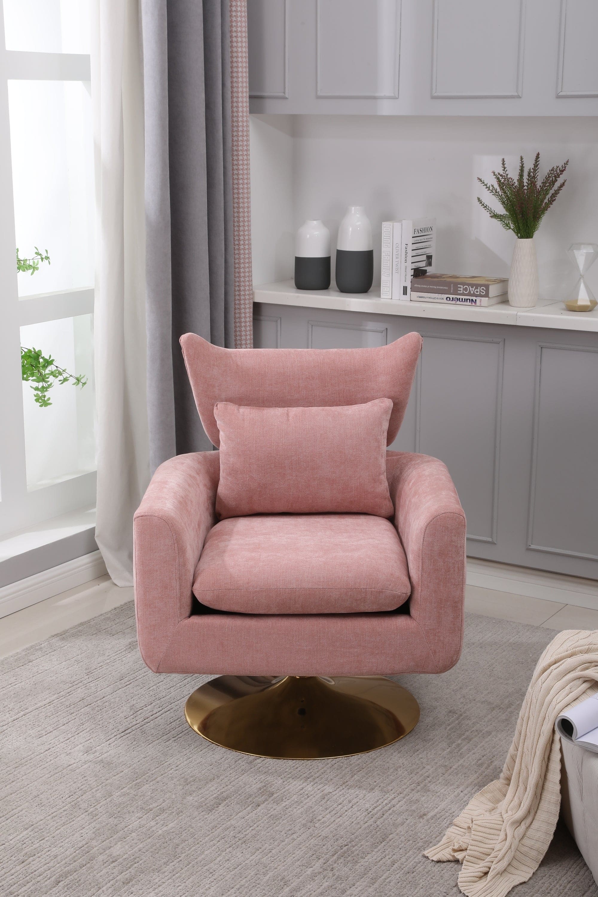 Classic Mid-Century 360-degree Swivel  Accent Chair, Pink Linen