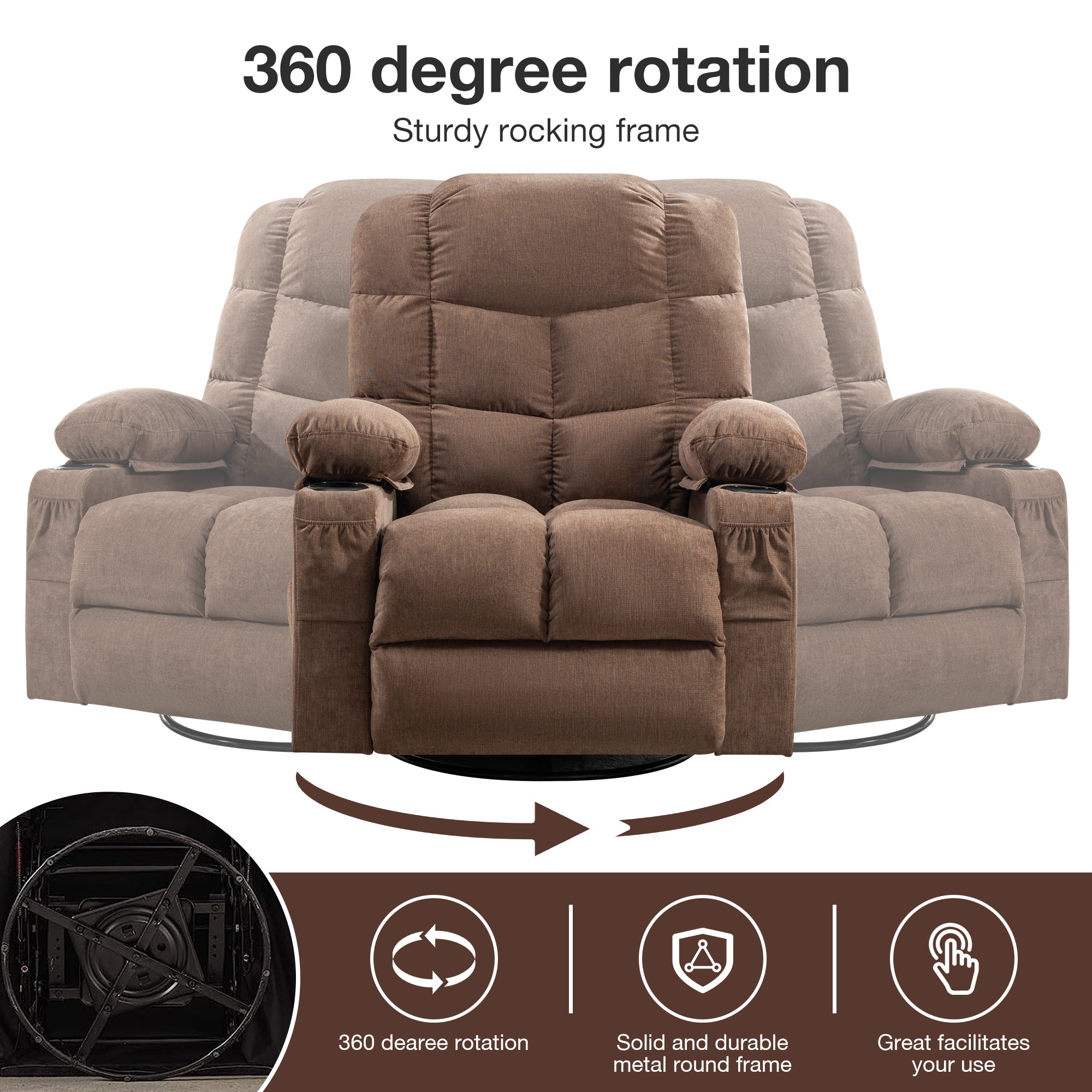 Massage Rocker Recliner Chair Rocking Chairs for Adults Oversized with 2 Cup Holders, USB Charge Port Soft Features a Manual Massage and Heat.(A+B)BROWN