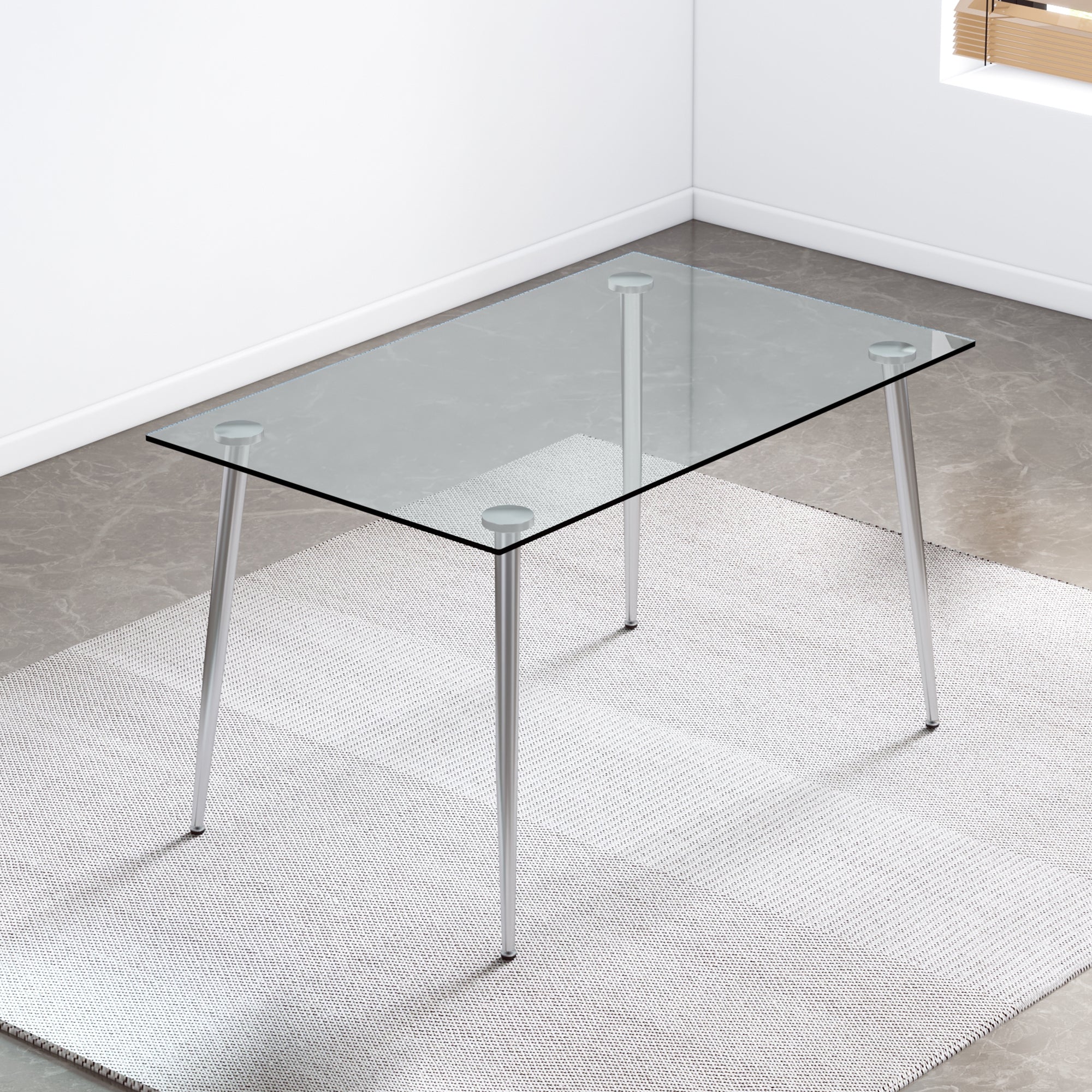 Modern Minimalist Rectangular Glass  Dining Table for 4-6 with 0.31" Tempered Glass Tabletop and Silver plating Metal Legs, Writing Table Desk, for Kitchen Dining Living Room, 51" *31"* 30" .F-1544