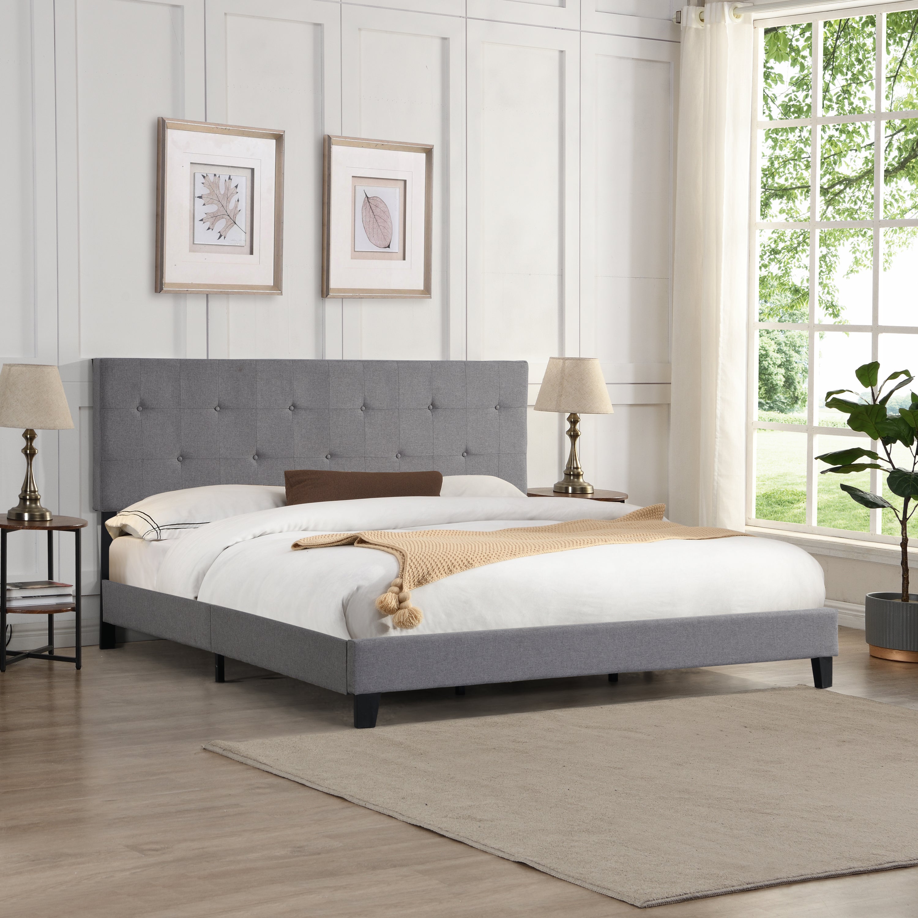 King Size Upholstered Platform Bed Frame with Button Tufted Linen Fabric Headboard, No Box Spring Needed, Wood Slat Support, Easy Assembly,  Gray