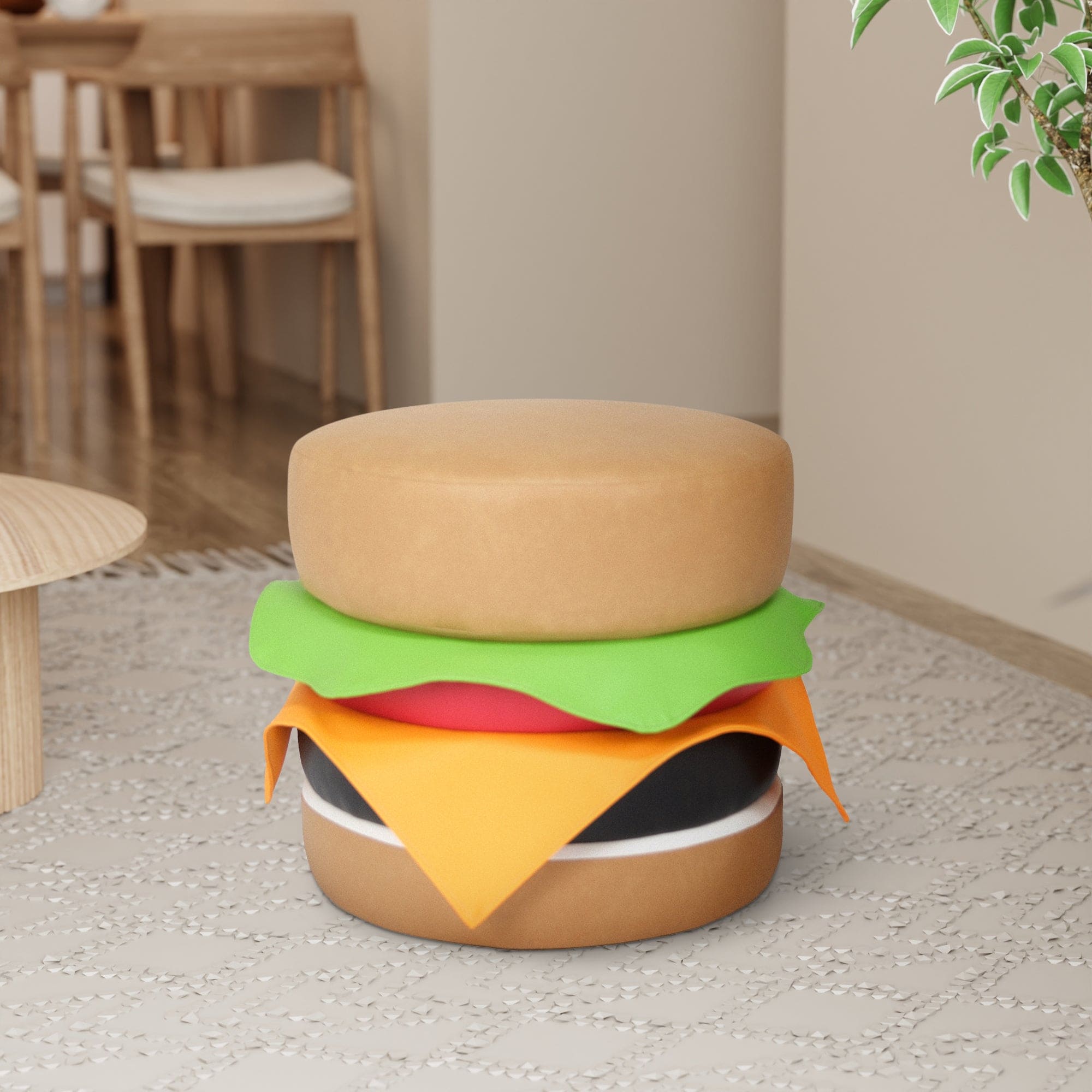 Multi Color Faux Leather Cheeseburger Ottoman, Modern Round Ottoman for Living Room, Bedroom and Apartment with Solid Wood Frame