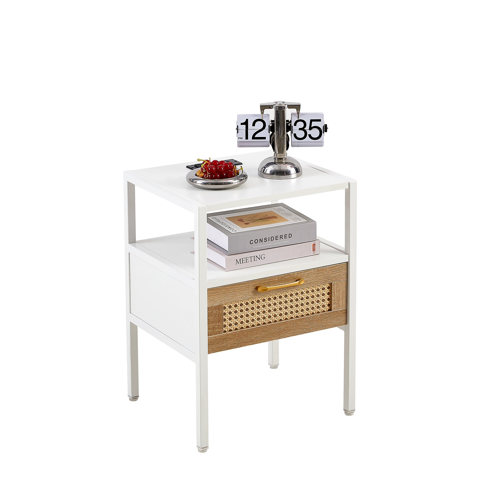 Set of 2, 15.75" Rattan End table with Power Outlet & USB Ports , Modern nightstand with drawer and metal legs, side table for living room, bedroom,white