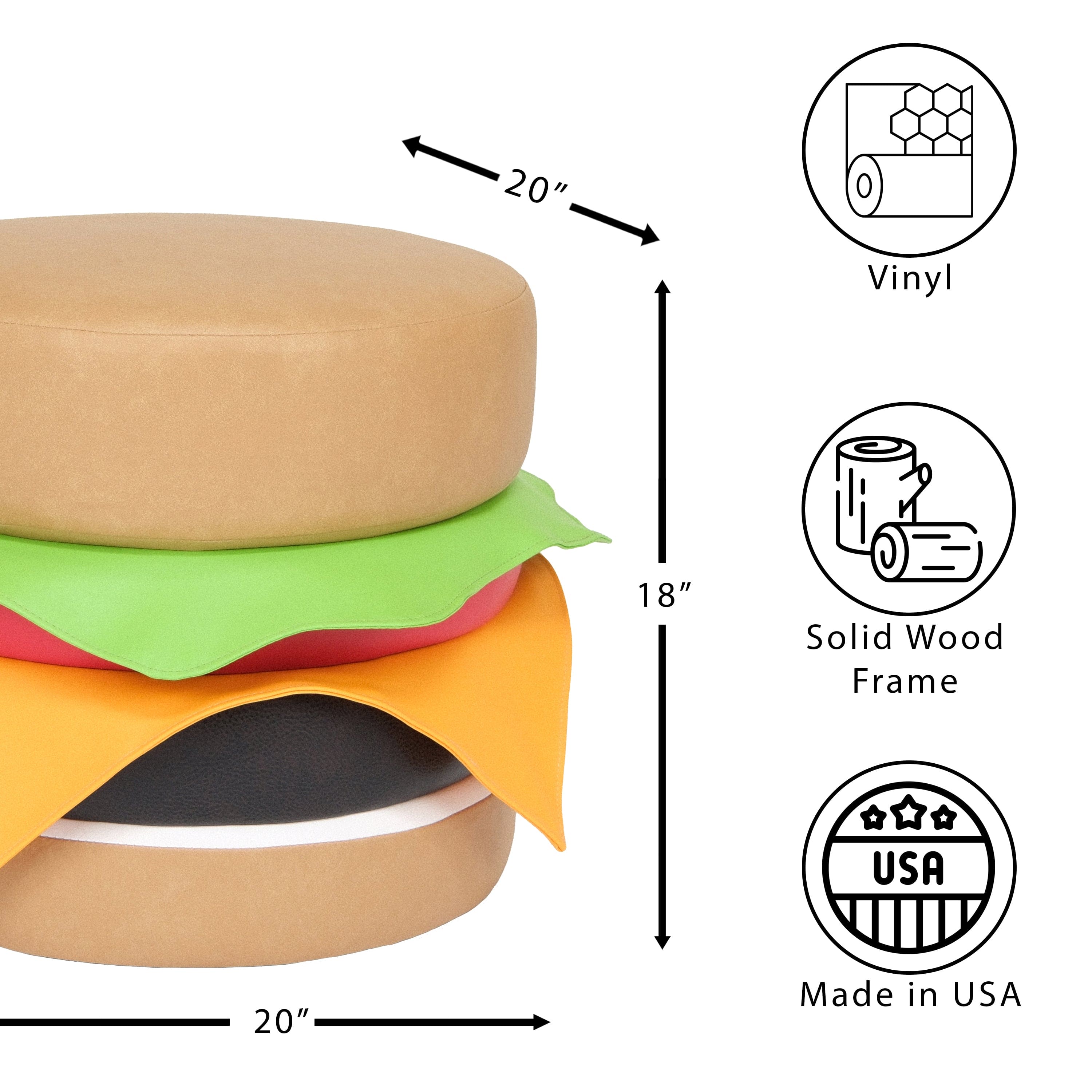 Multi Color Faux Leather Cheeseburger Ottoman, Modern Round Ottoman for Living Room, Bedroom and Apartment with Solid Wood Frame