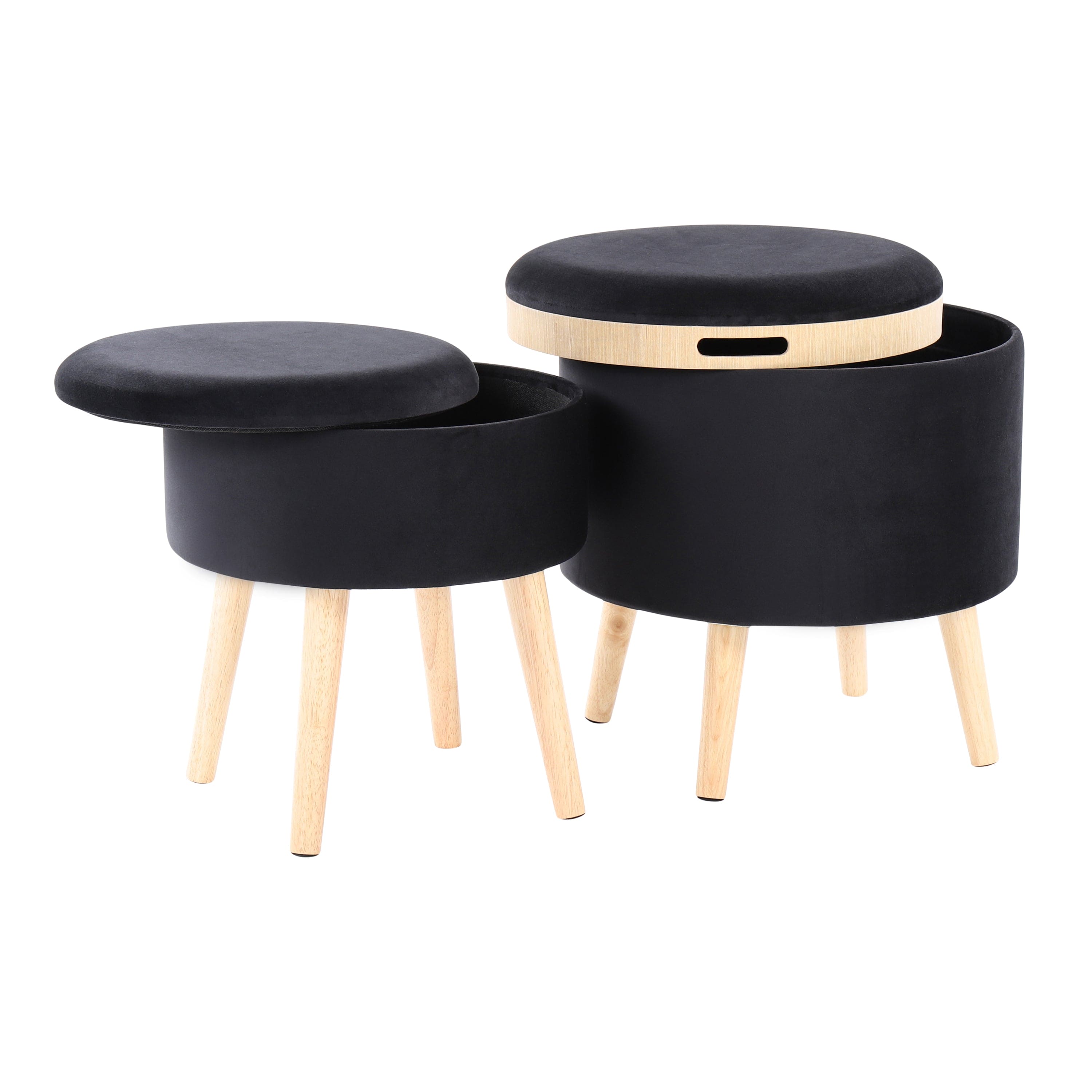 Tray Contemporary Storage Ottoman with Matching Stool in Black Velvet and Natural Wood Legs by LumiSource