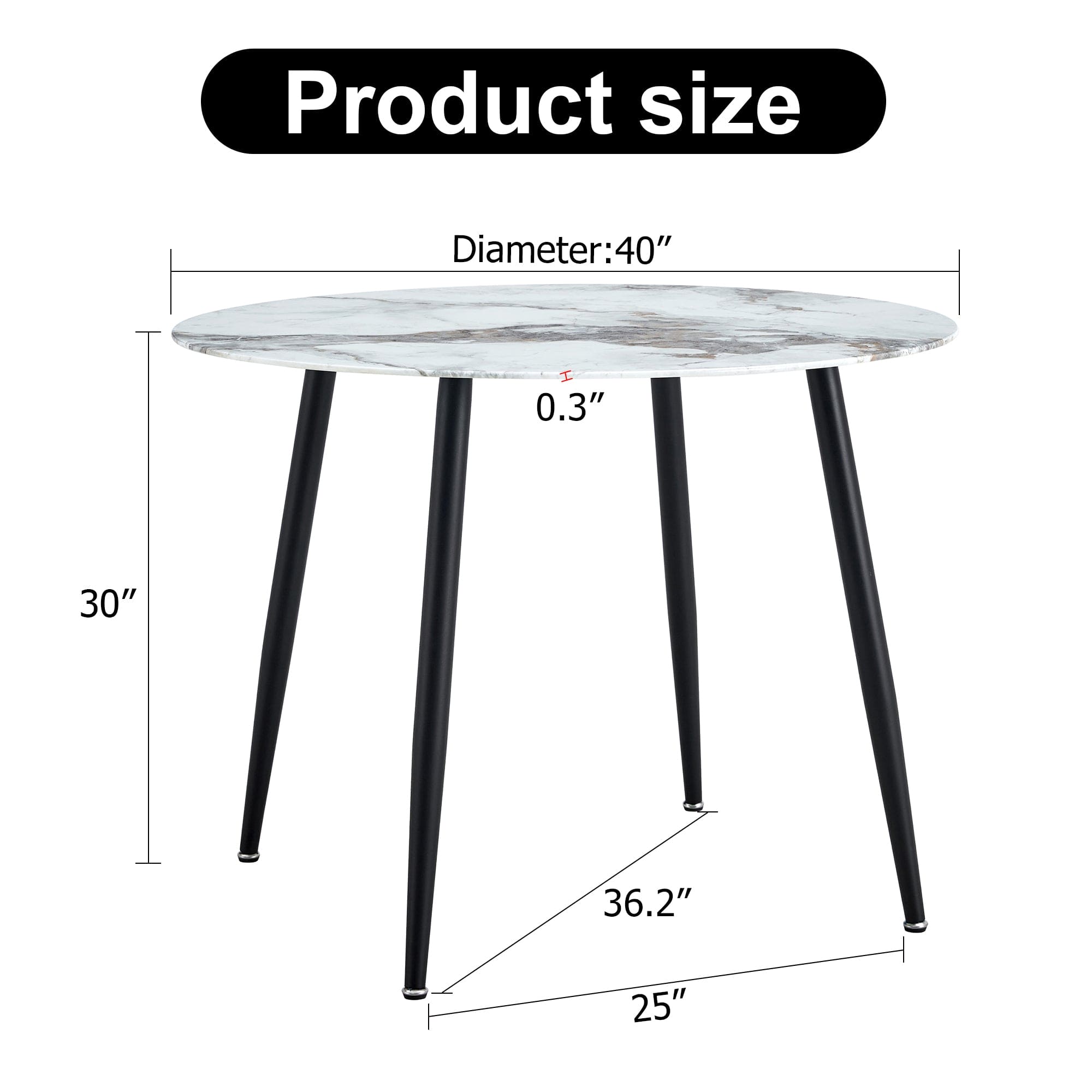 A modern minimalist circular dining table with a diameter of 40 inches, a 0.3 inch thick white imitation marble pattern tabletop and black metal legs  40 '* 40' * 30 'DT-1164