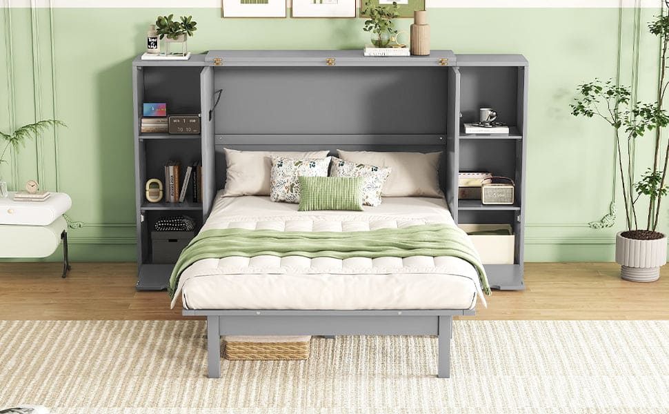 Queen Size Murphy Bed with Shelves, Drawers and USB Ports,Gray