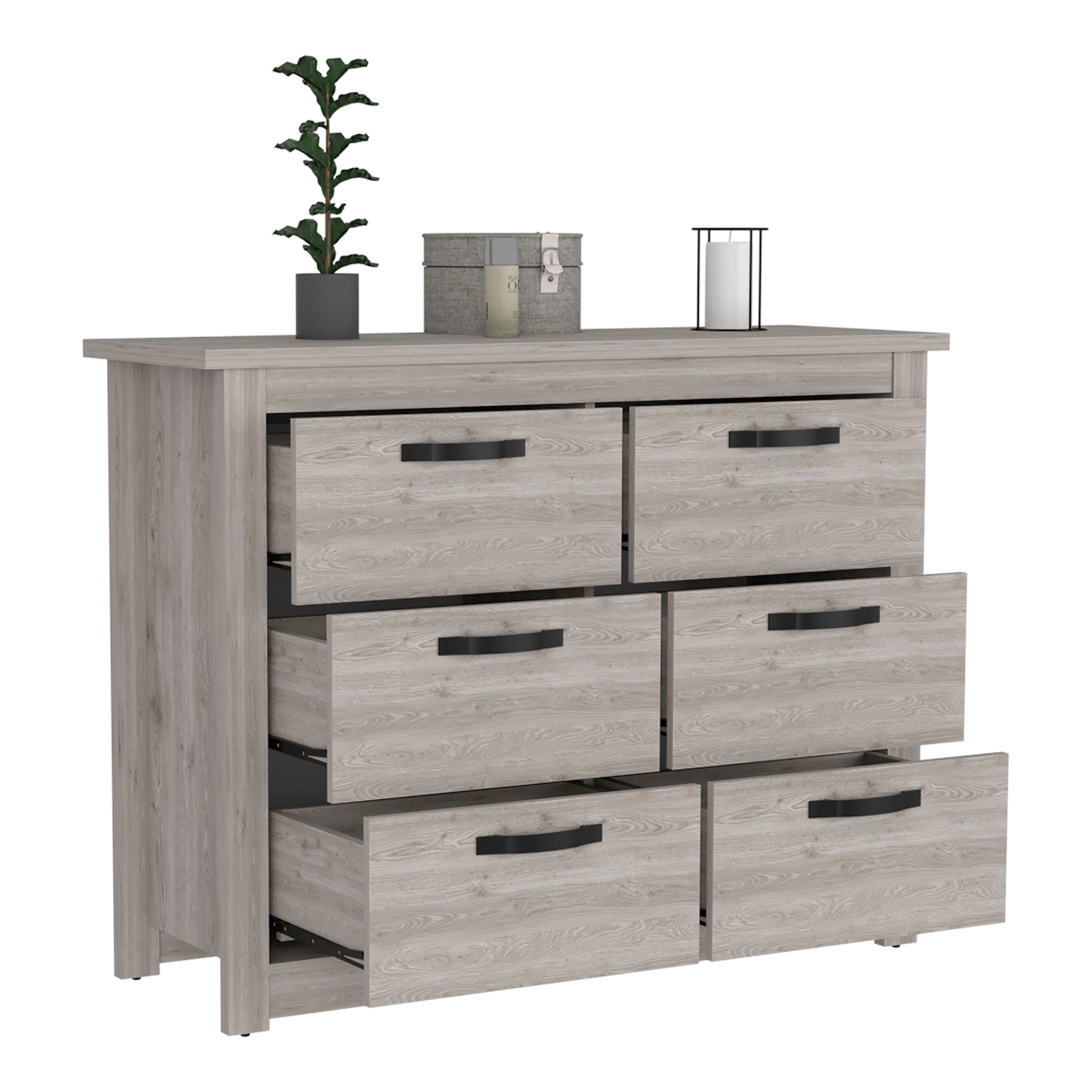 Becca 6 Drawer Double Dresser , Four Legs, Metal Hardware -Light Gray