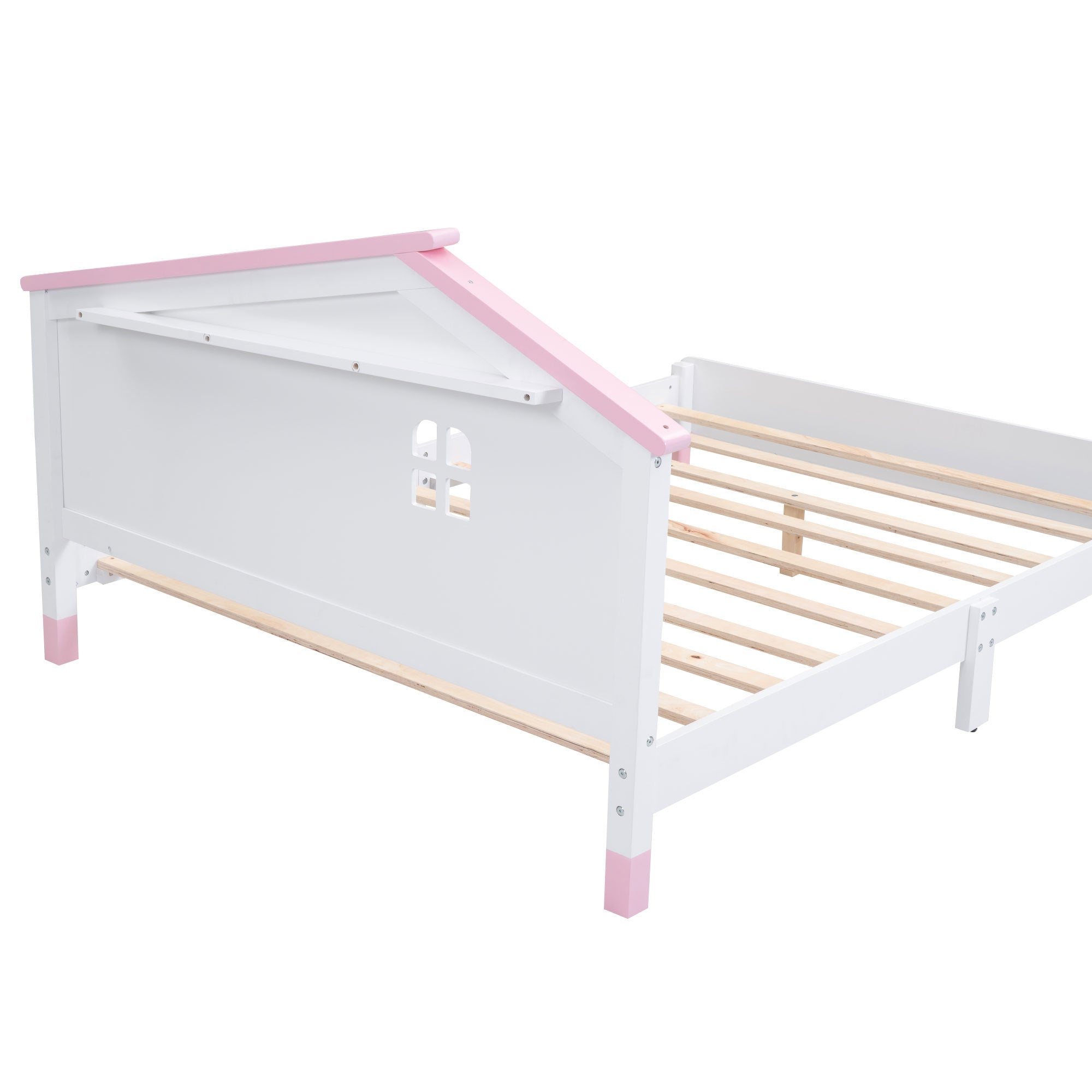 Full Size Wood Platform Bed with House-shaped Headboard  (White+Pink)