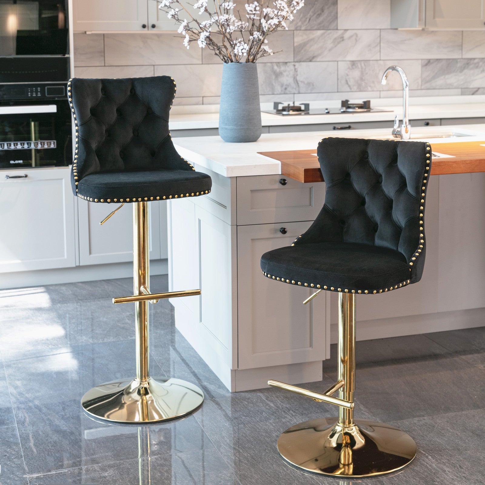 A&A Furniture,Golden Swivel Velvet Barstools Adjusatble Seat Height from 25-33 Inch, Modern Upholstered Bar Stools with Backs Comfortable Tufted for Home Pub and Kitchen Island（Black,Set of 2）