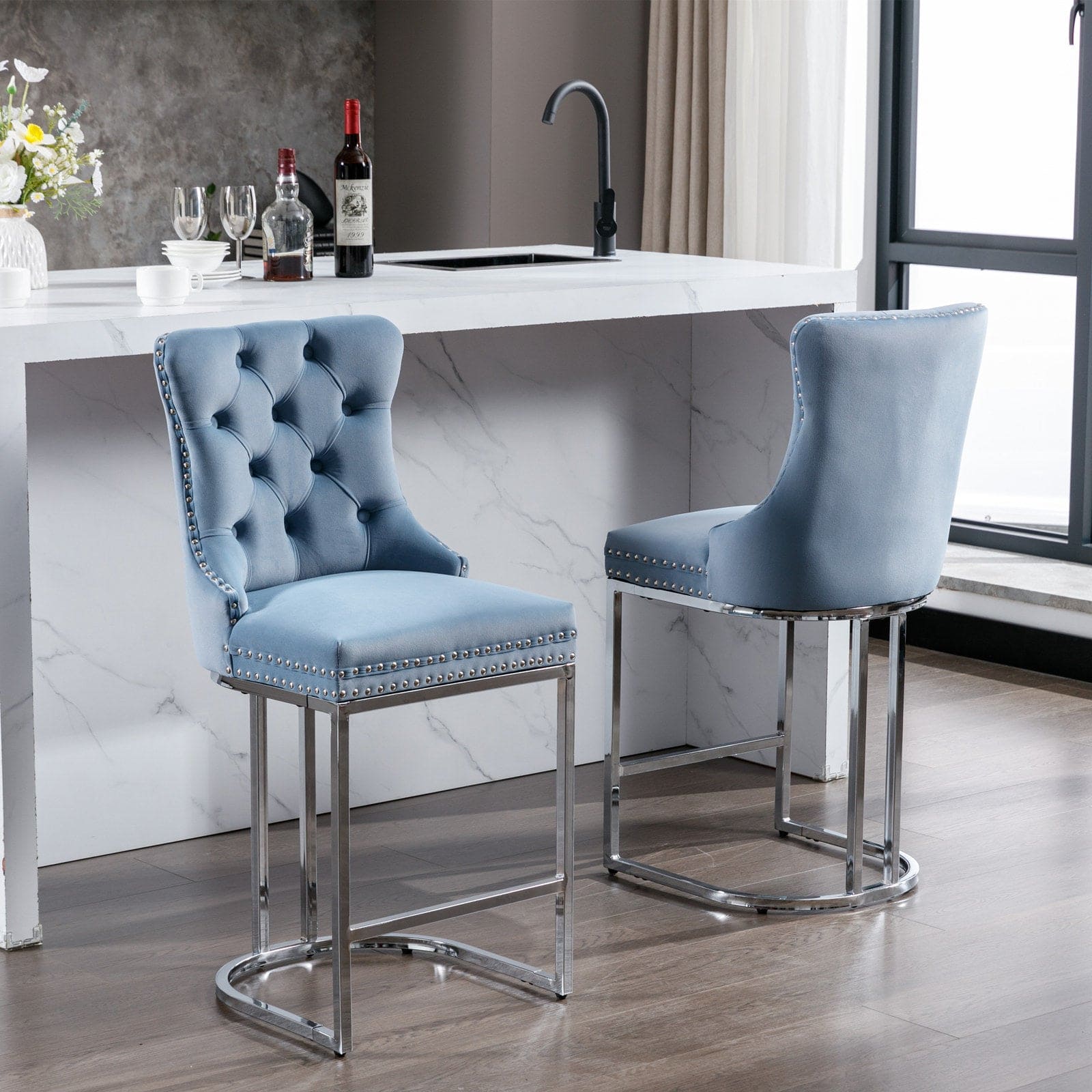 26" Counter Height Bar Stools Set of 2, Modern Velvet Barstools with Button Back&Rivet Trim Upholstered Kitchen Island Chairs with Sturdy Chromed Metal Base Legs Farmhouse Bar Stools,Light Blue,2 Pack