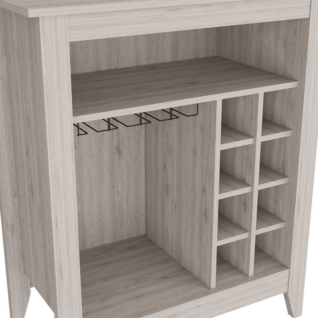 Bar Cabinet Castle, One Open Shelf, Six Wine Cubbies, Light Gray Finish